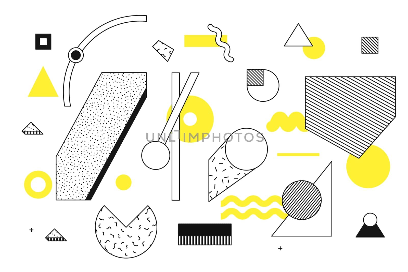 Universal trend halftone geometric shapes set juxtaposed with bright bold yellow elements composition. Design elements for Magazine, leaflet, billboard, sale