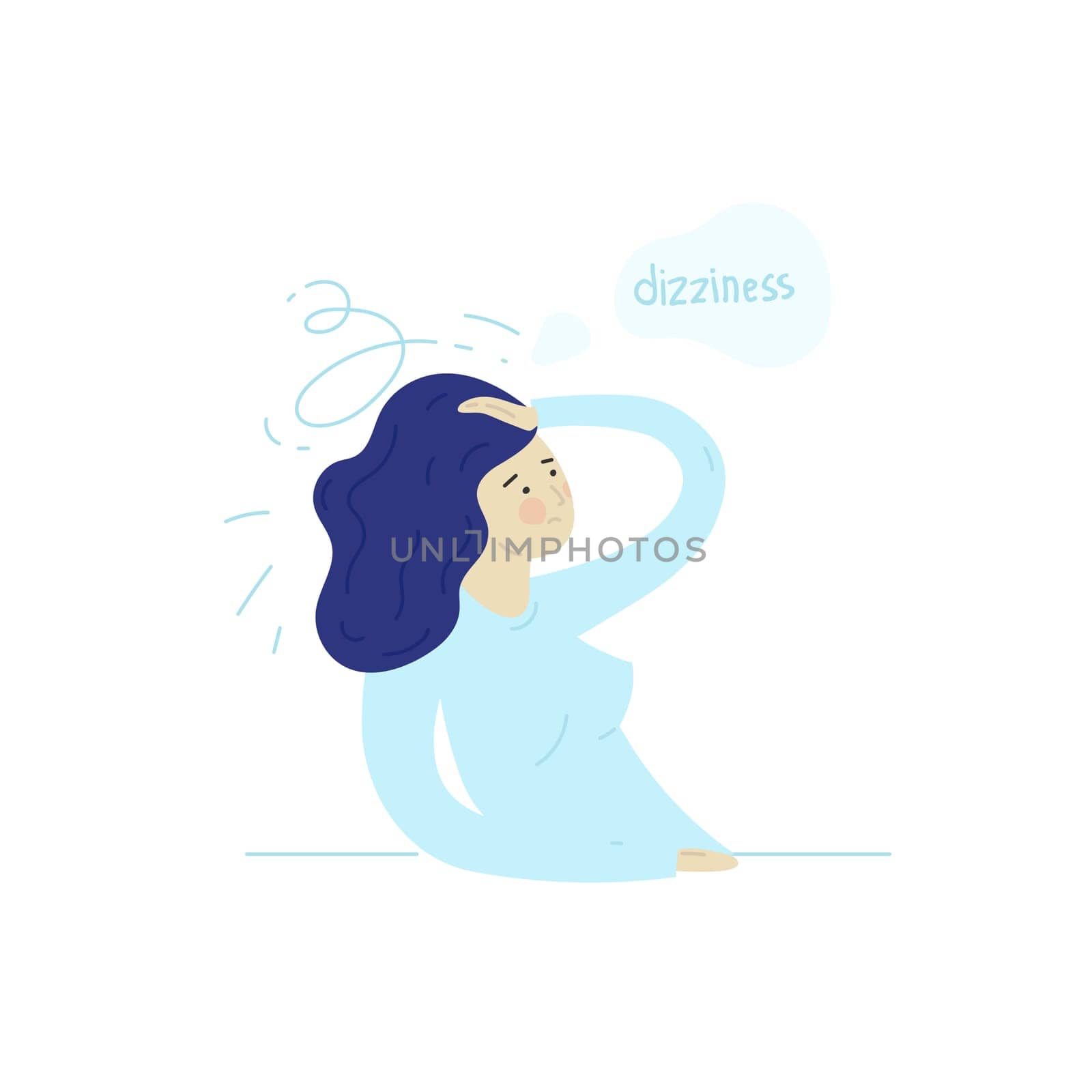 Sick stressed dizzy person touches her forehead and is dizzy. Vector hand drawn illustration. Man suffering from vertigo, dizziness, headache pain portrait