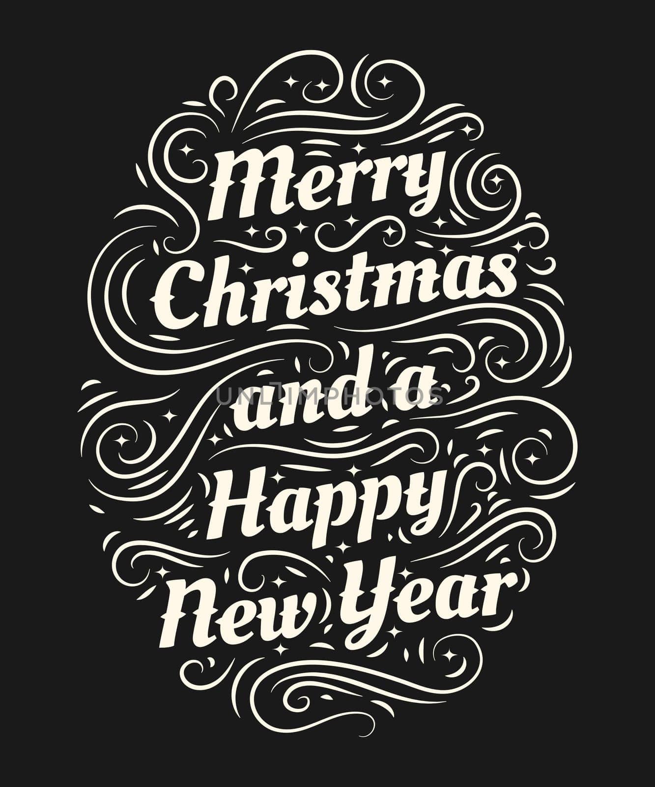 Merry Christmas and a Happy New Year hand drawn lettering inscription with abstract curls, dots for winter holiday design, calligraphy vector illustration