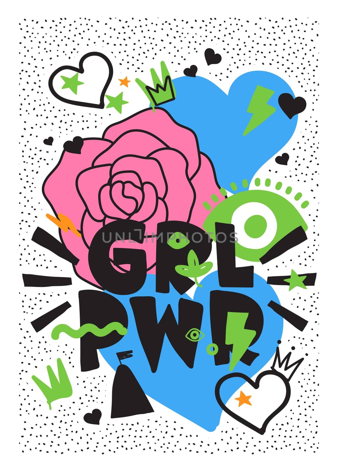 GRL PWR short quote. Girl Power cute hand drawing illustration for print, brochure, greeting card, bag, clothing. To stick on laptop, phone, wall. Modern motivational text, feminist tattoo trend