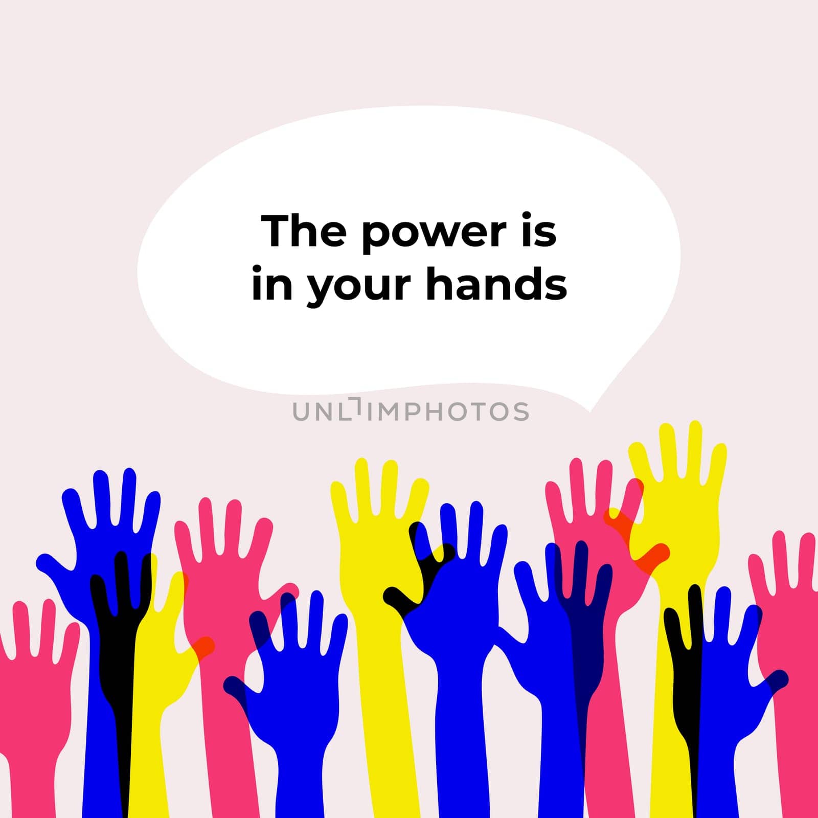Go vote. The power is in your hands. Social motivational poster template. Up hands vector flat illustration concept. Election campaign Flyer Leaflet Social ad. Teamwork, collaboration, voting, concert