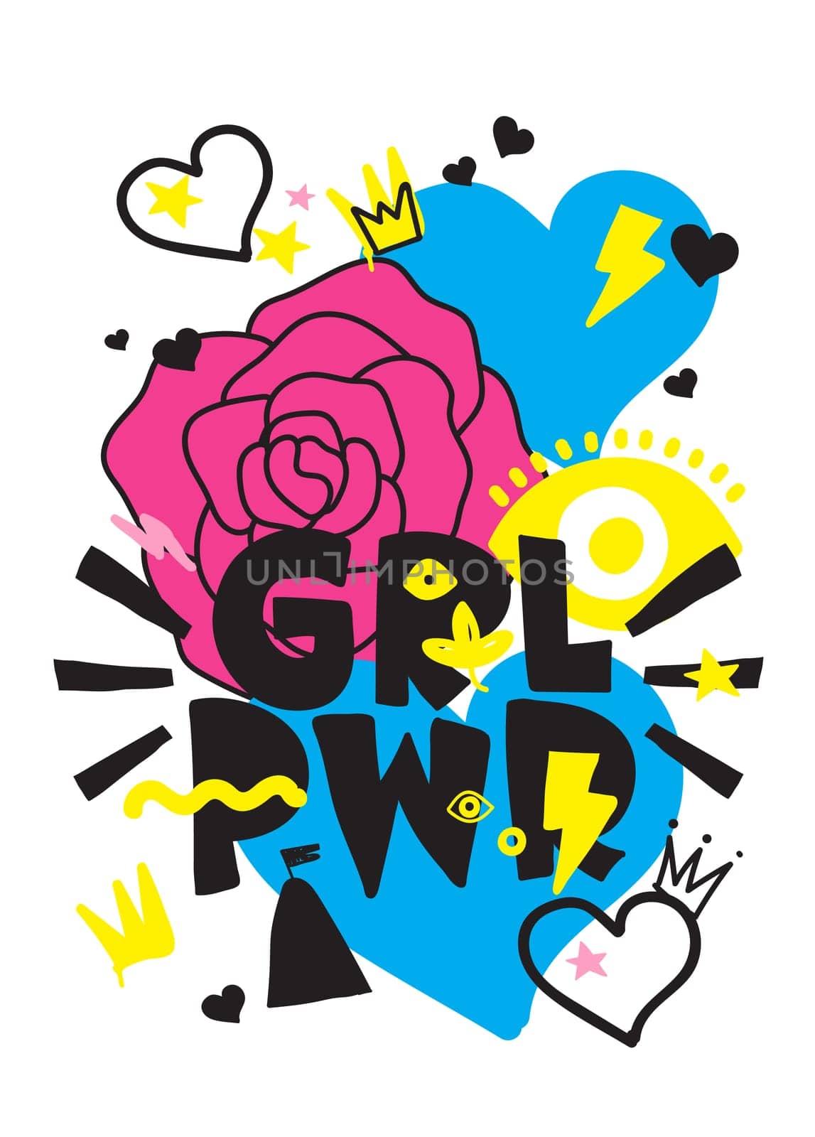 GRL PWR short quote. Girl Power cute hand drawing illustration for print, brochure, greeting card, bag, clothing. To stick on laptop, phone, wall. Modern motivational text, feminist tattoo trend