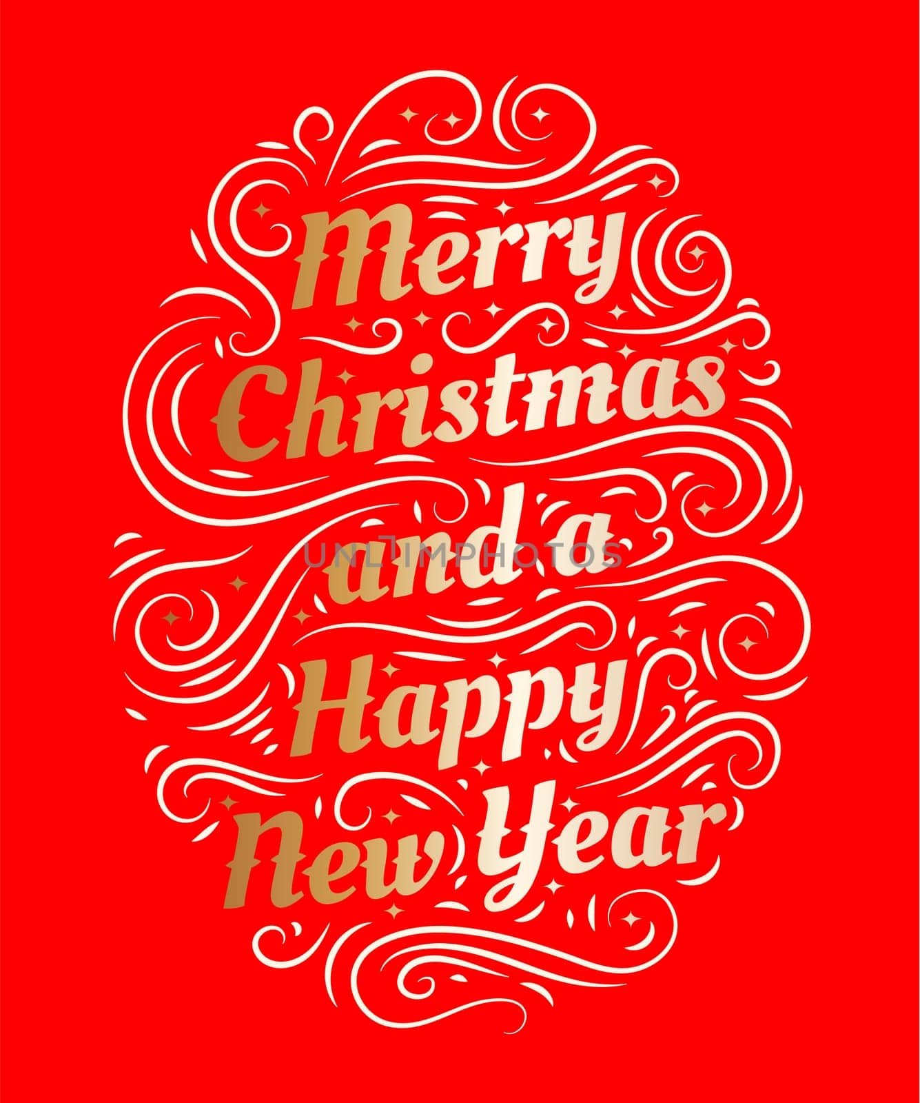 Merry Christmas and a Happy New Year hand drawn lettering inscription with abstract curls, dots for winter holiday design, calligraphy vector illustration