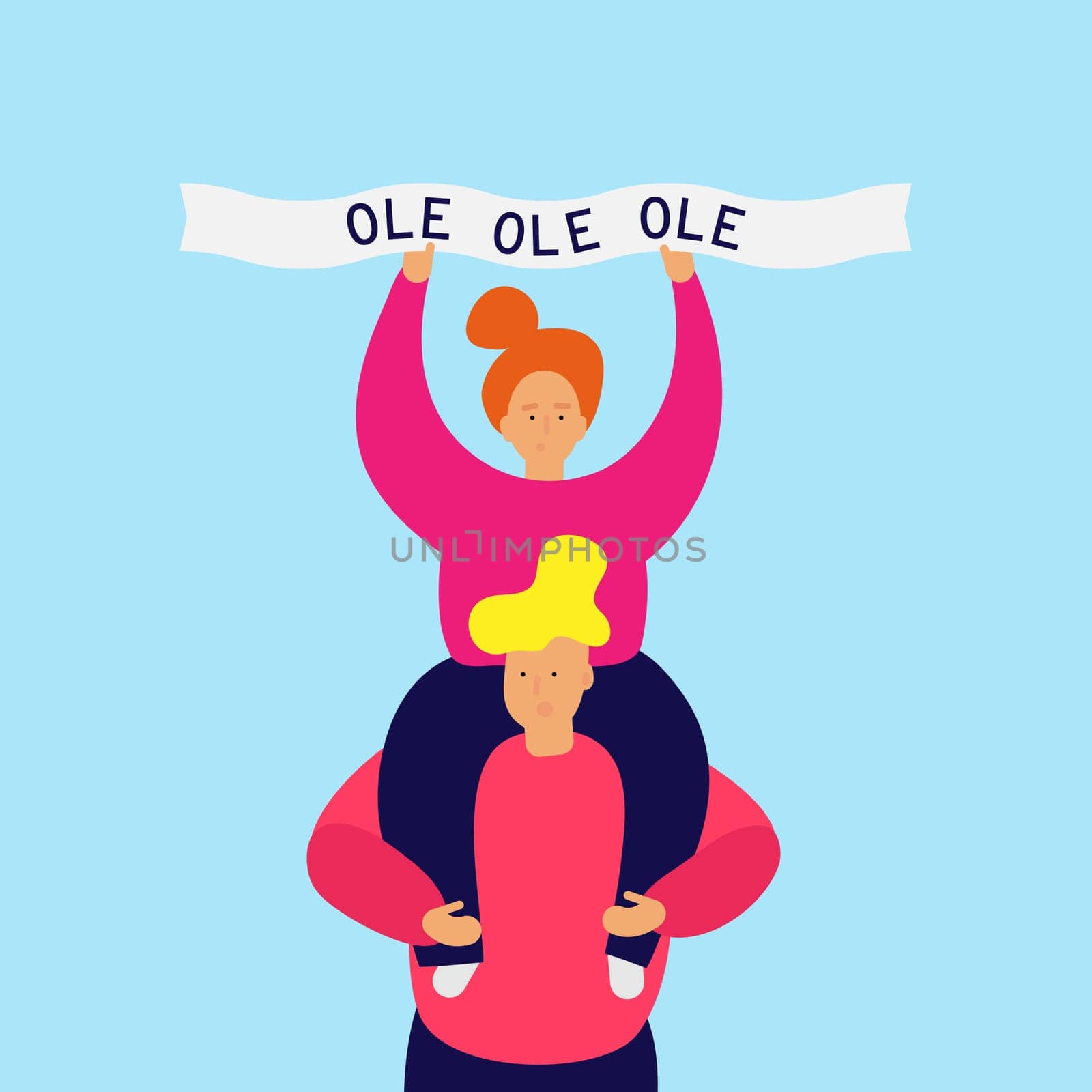Smiling girl sits on the shoulders of guy and holds in hands a ribbon, text Ole. Football chant. Vector Web banner Ad Poster Greeting card with easy editable shapes objects