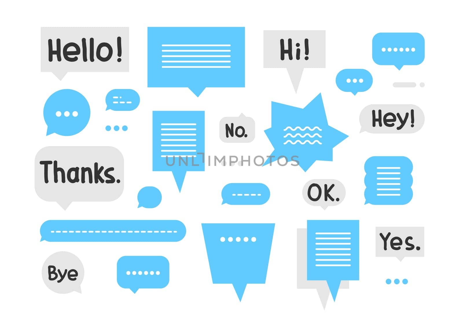Speech bubble icons in blue, gray, white. Simple universal set with handwritten short phrases hey, hi, bye, ok, thanks, yes, no, hello