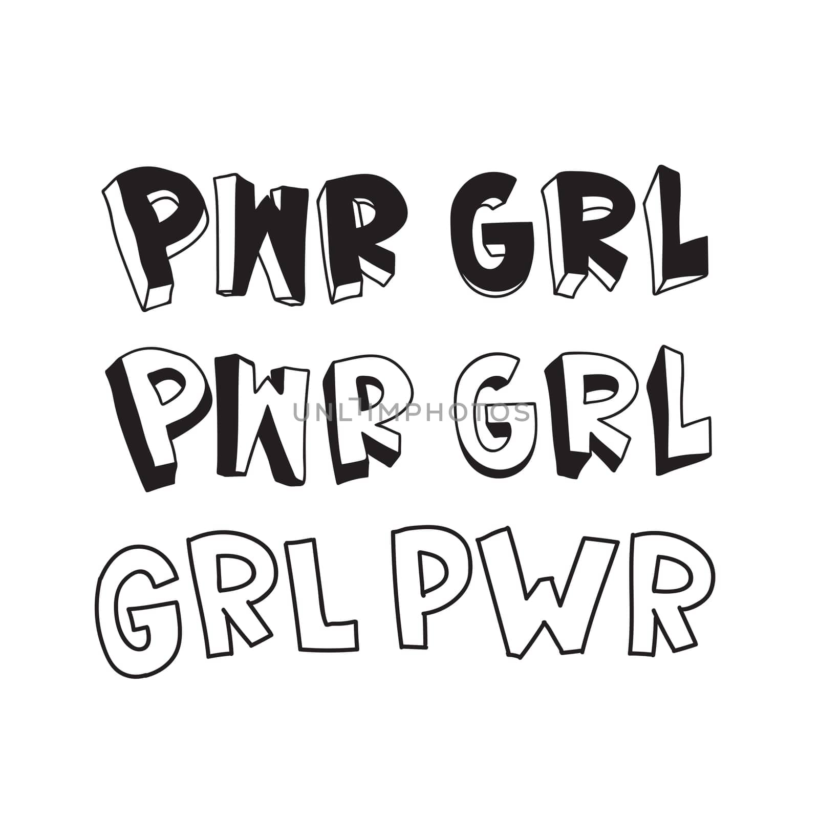 GRL PWR short quote. Girl Power cute hand drawing illustration for print, brochure, greeting card, bag, clothing. To stick on laptop, phone, wall. Modern motivational text, feminist tattoo trend