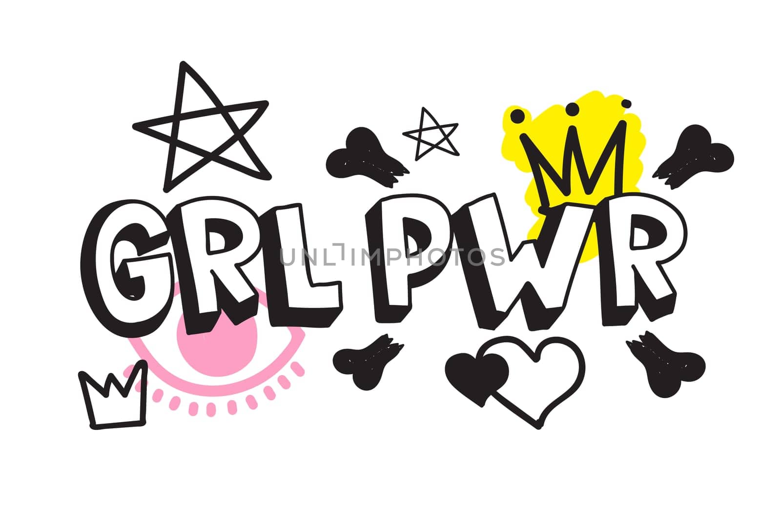 GRL PWR short quote. Girl Power cute hand drawing illustration for print, brochure, greeting card, bag, clothing. To stick on laptop, phone, wall. Modern motivational text, feminist tattoo trend
