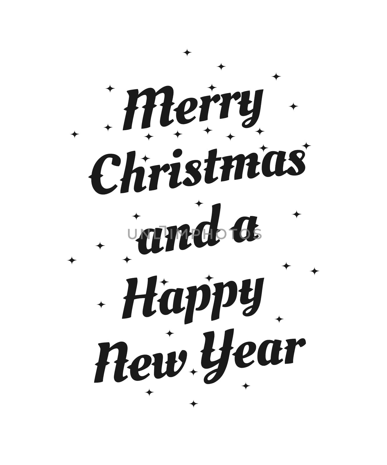 Merry Christmas and a Happy New Year hand drawn lettering inscription with abstract curls, dots for winter holiday design, calligraphy vector illustration