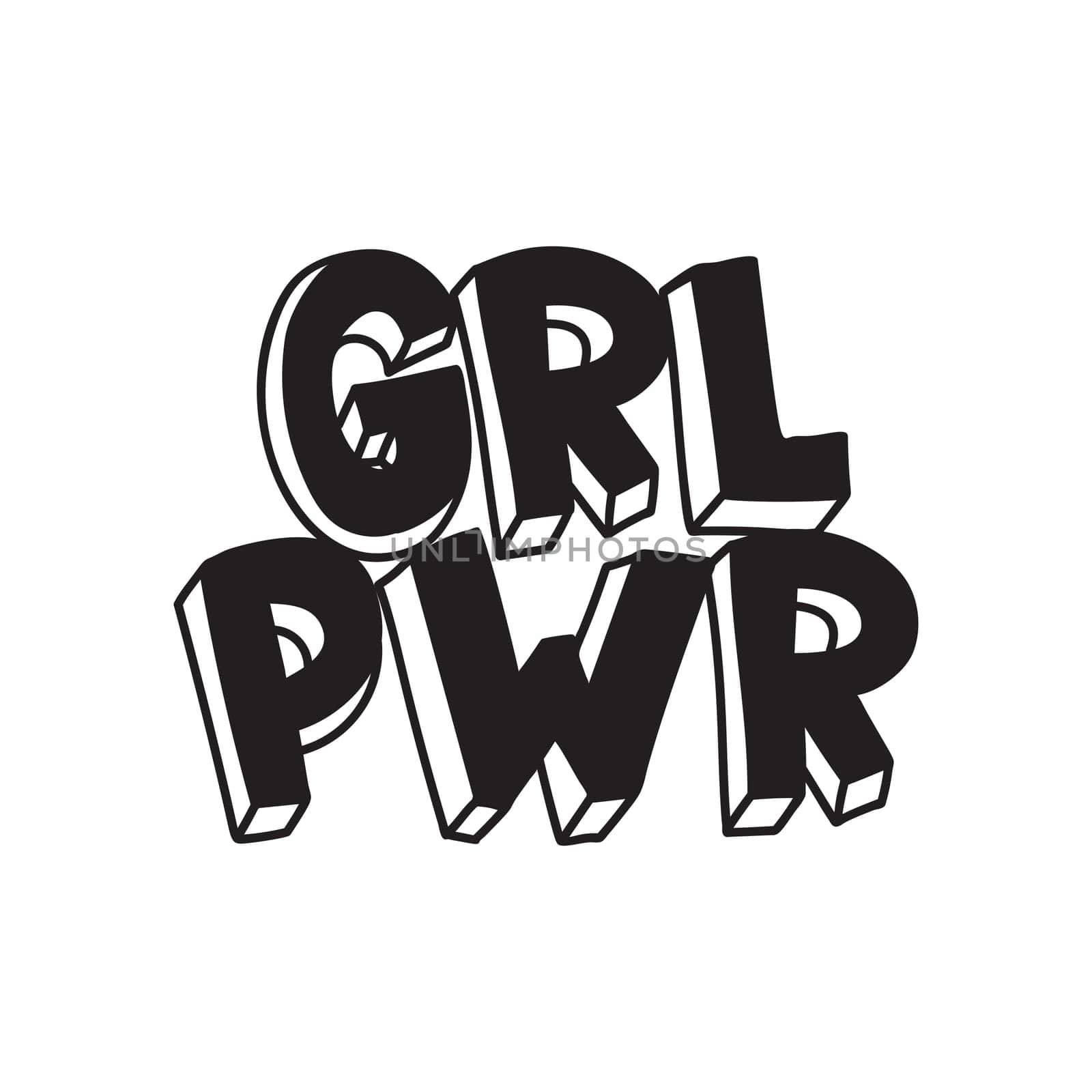 GRL PWR short quote. Girl Power cute hand drawing illustration for print, brochure, greeting card, bag, clothing. To stick on laptop, phone, wall. Modern motivational text, feminist tattoo trend