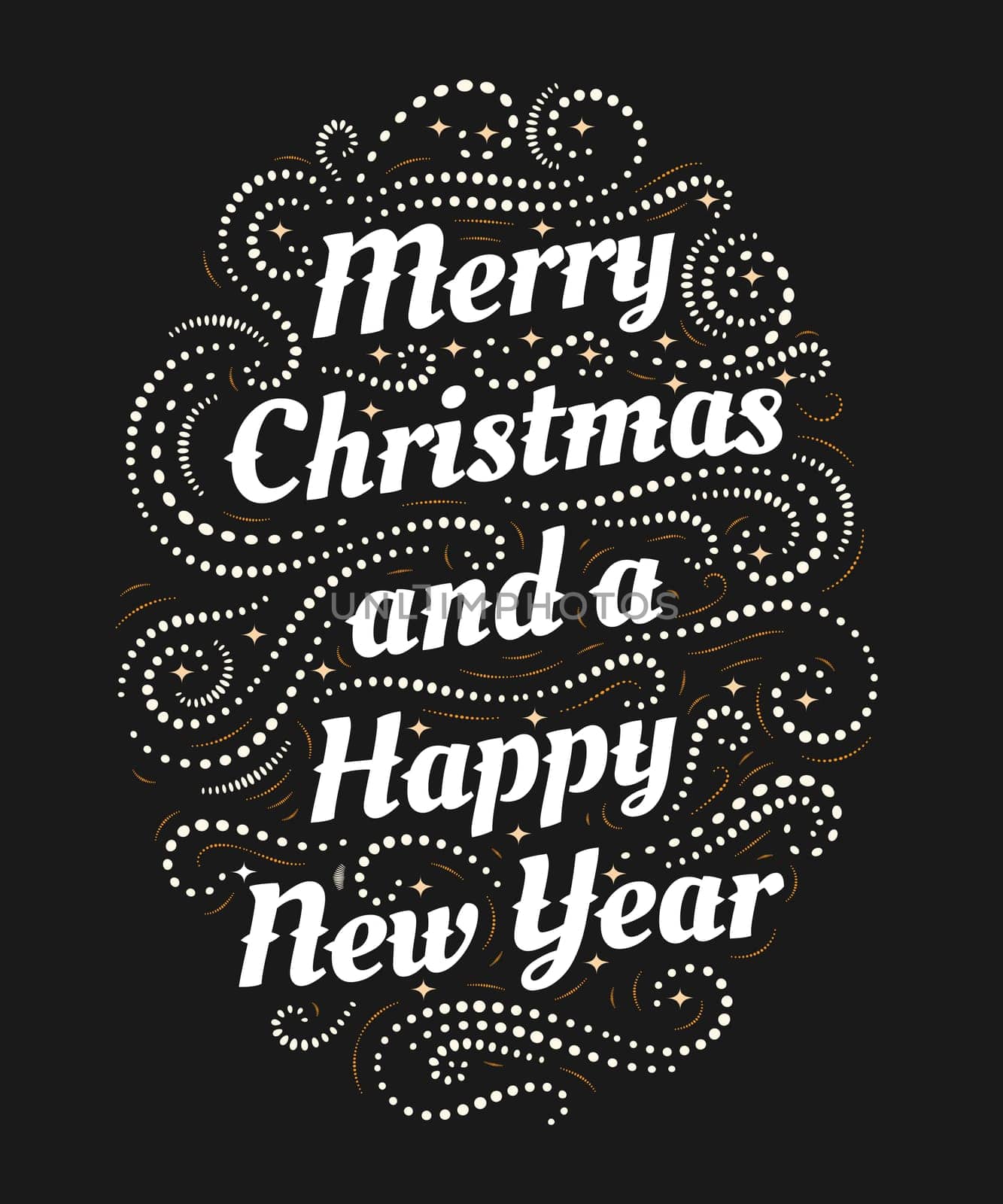 Merry Christmas and a Happy New Year hand drawn lettering inscription with abstract curls, dots for winter holiday design, calligraphy vector illustration