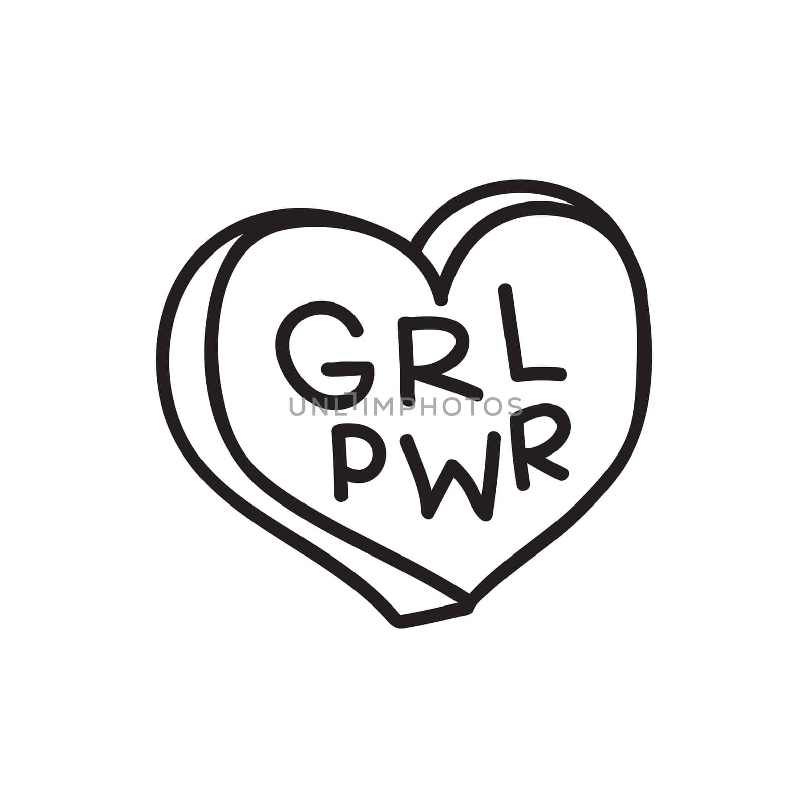 GRL PWR short quote. Girl Power cute hand drawing illustration for print, brochure, greeting card, bag, clothing. To stick on laptop, phone, wall. Modern motivational text, feminist tattoo trend