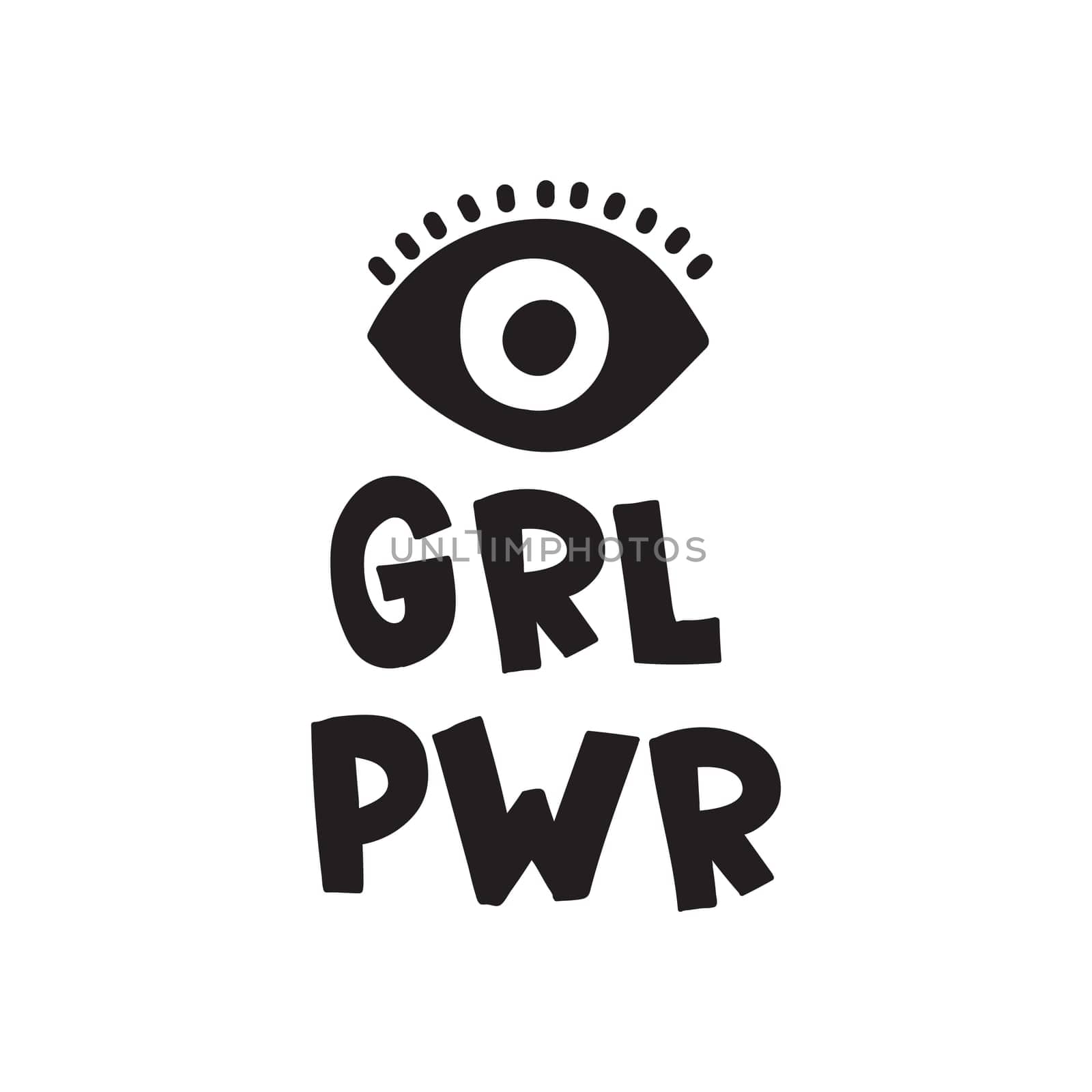 GRL PWR short quote. Girl Power cute hand drawing illustration for print, brochure, greeting card, bag, clothing. To stick on laptop, phone, wall. Modern motivational text, feminist tattoo trend
