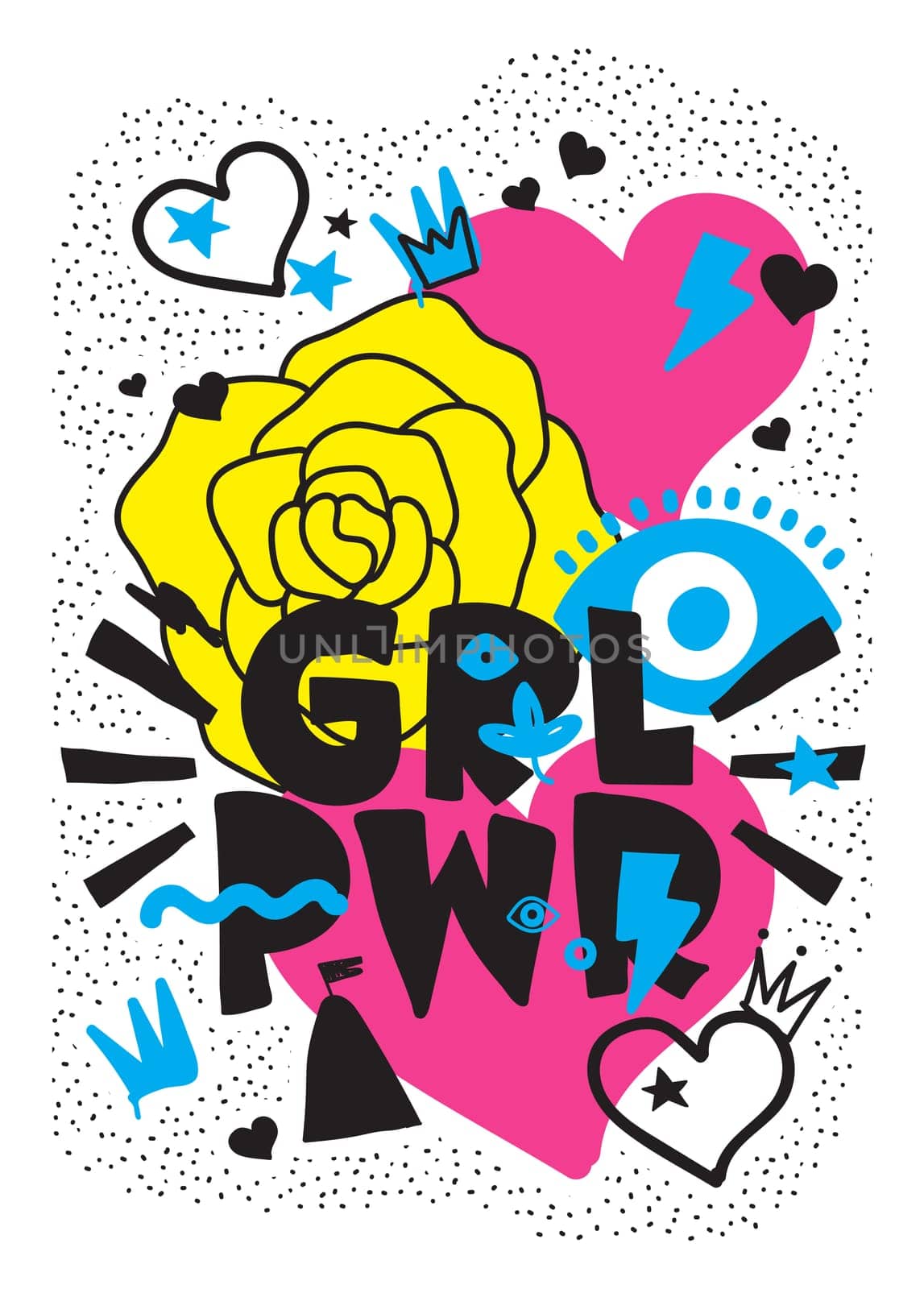 GRL PWR short quote. Girl Power cute hand drawing illustration for print, brochure, greeting card, bag, clothing. To stick on laptop, phone, wall. Modern motivational text, feminist tattoo trend