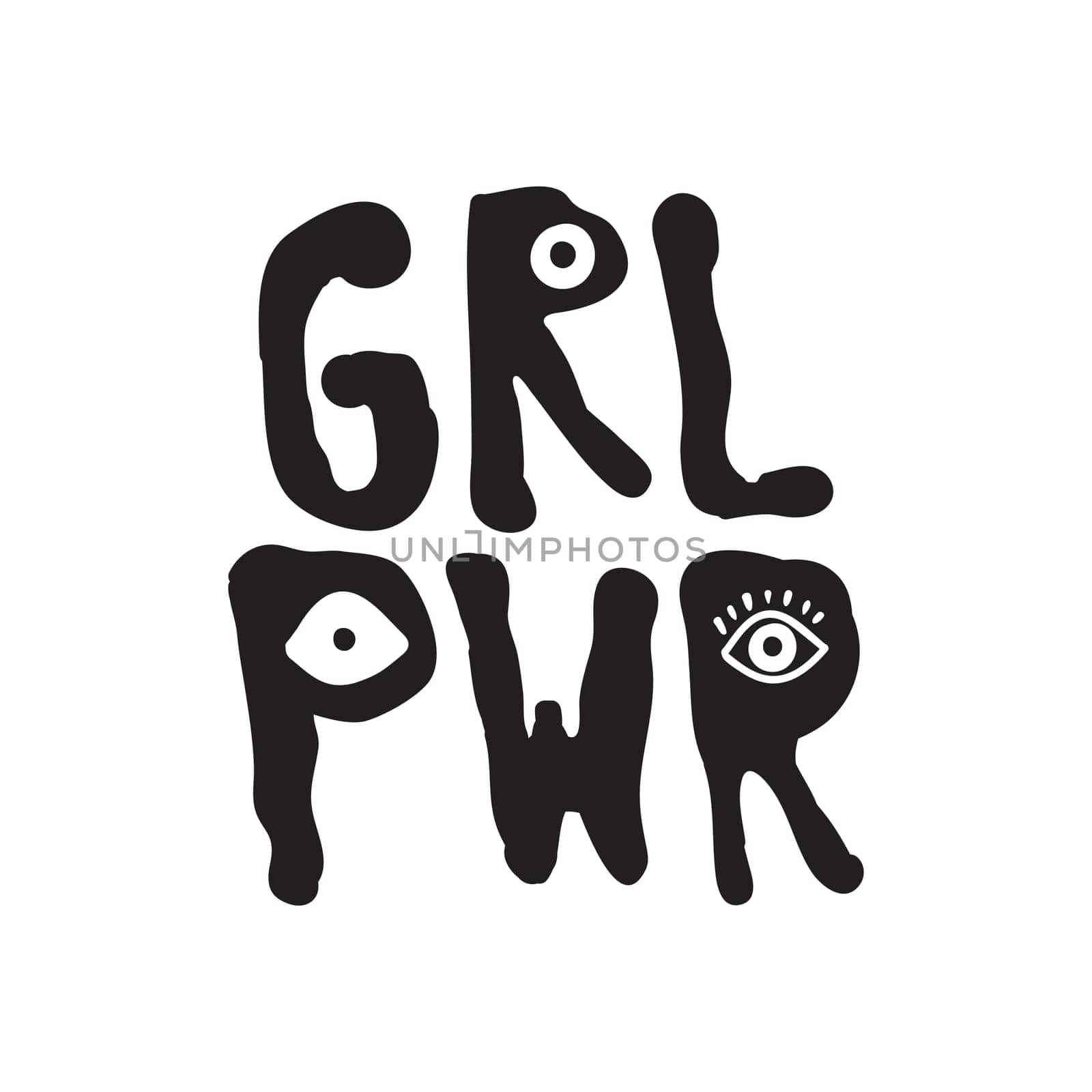 GRL PWR short quote. Girl Power cute hand drawing illustration for print, brochure, greeting card, bag, clothing. To stick on laptop, phone, wall. Modern motivational text, feminist tattoo trend