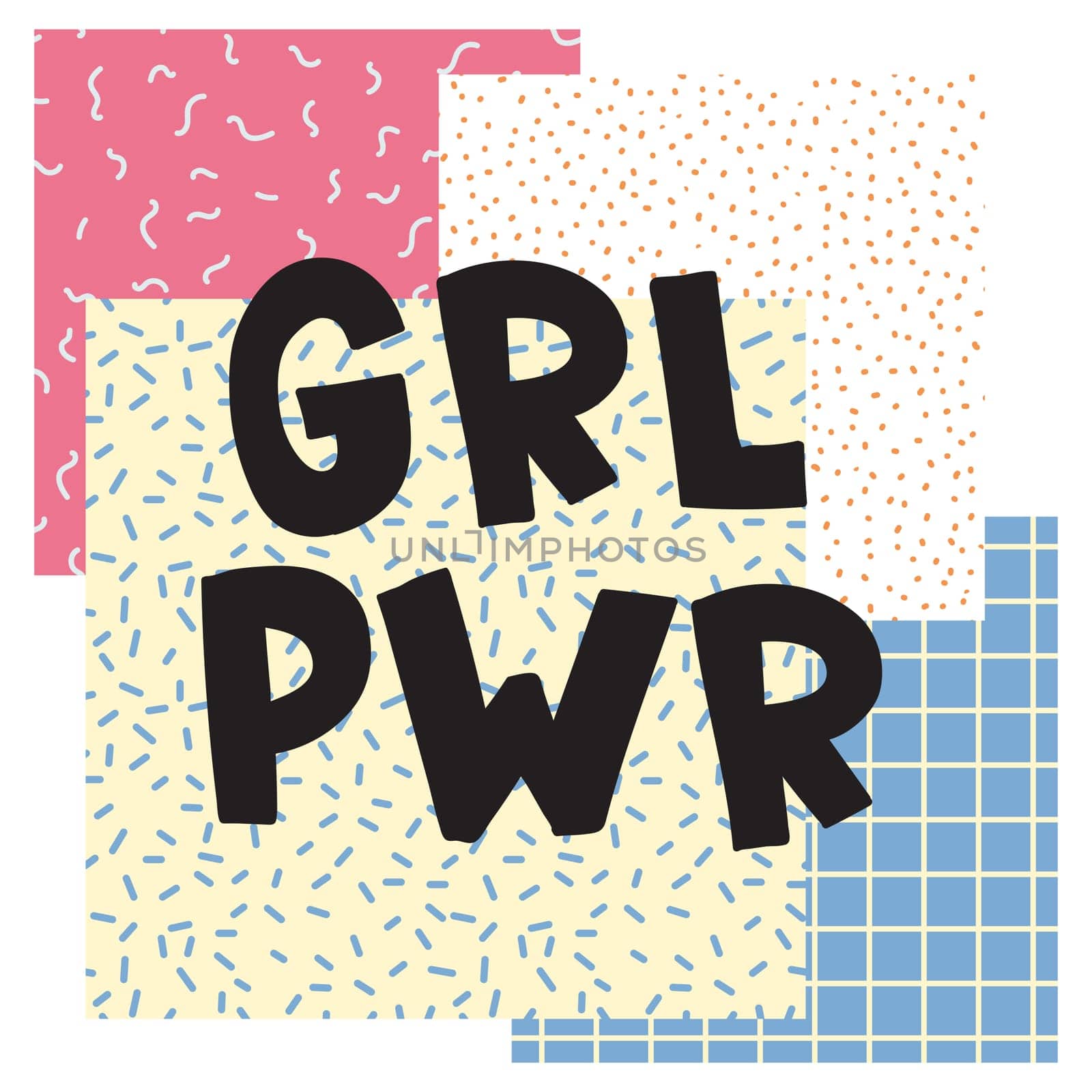GRL PWR short quote. Girl Power cute hand drawing illustration for print, brochure, greeting card, bag, clothing. To stick on laptop, phone, wall. Modern motivational text, feminist tattoo trend