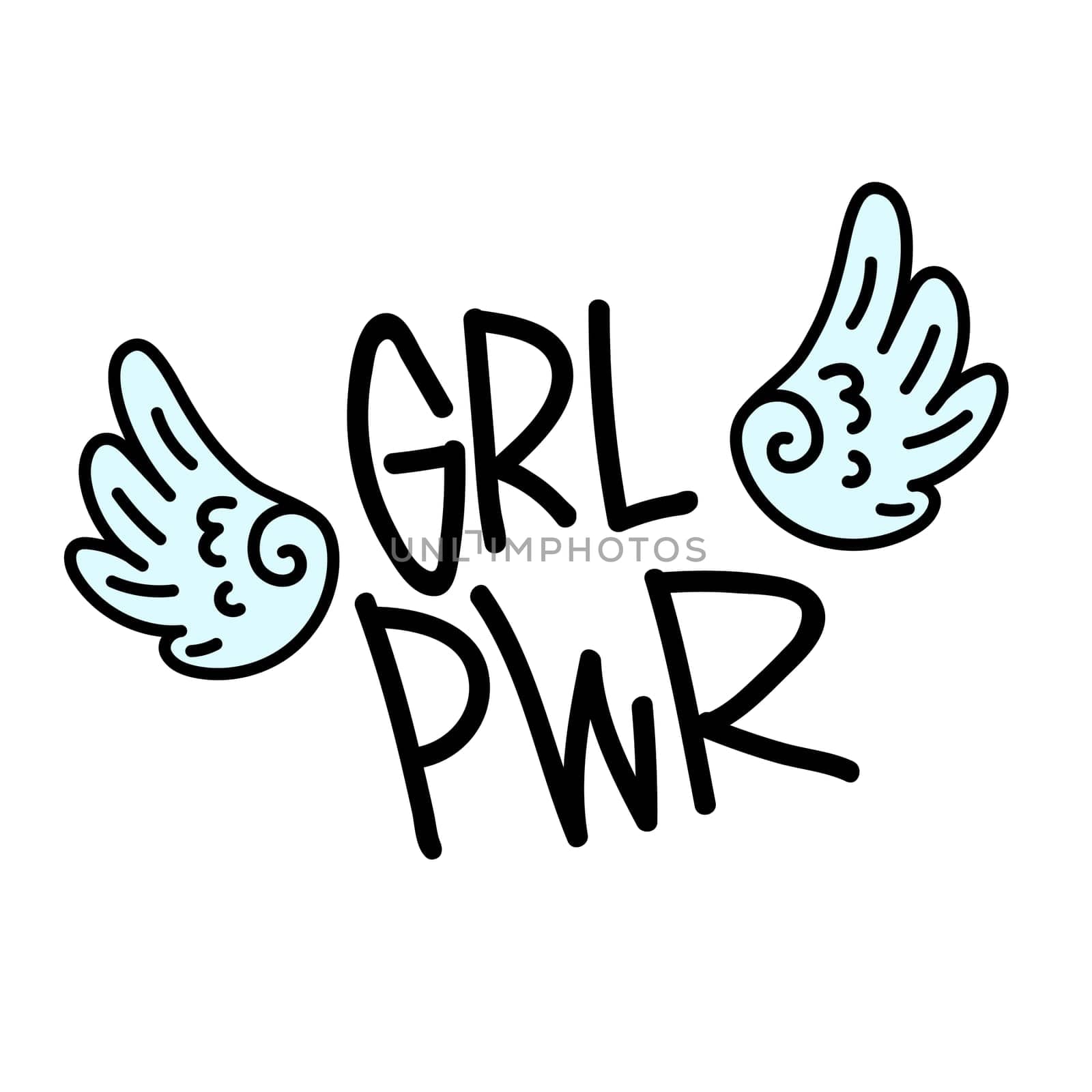 GRL PWR short quote. Girl Power cute hand drawing illustration for print, brochure, greeting card, bag, clothing. To stick on laptop, phone, wall. Modern motivational text, feminist tattoo trend