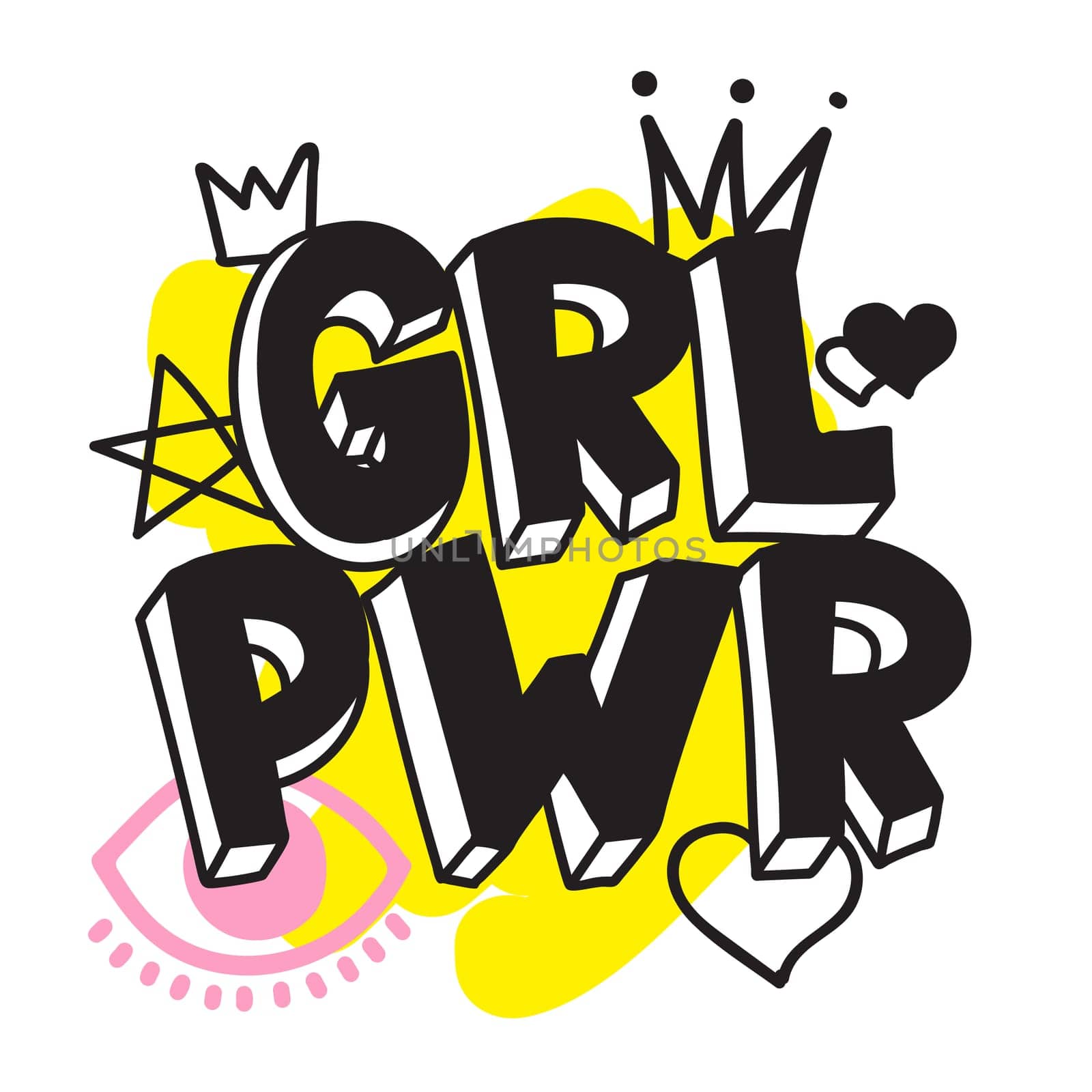 GRL PWR short quote. Girl Power cute hand drawing illustration for print, brochure, greeting card, bag, clothing. To stick on laptop, phone, wall. Modern motivational text, feminist tattoo trend