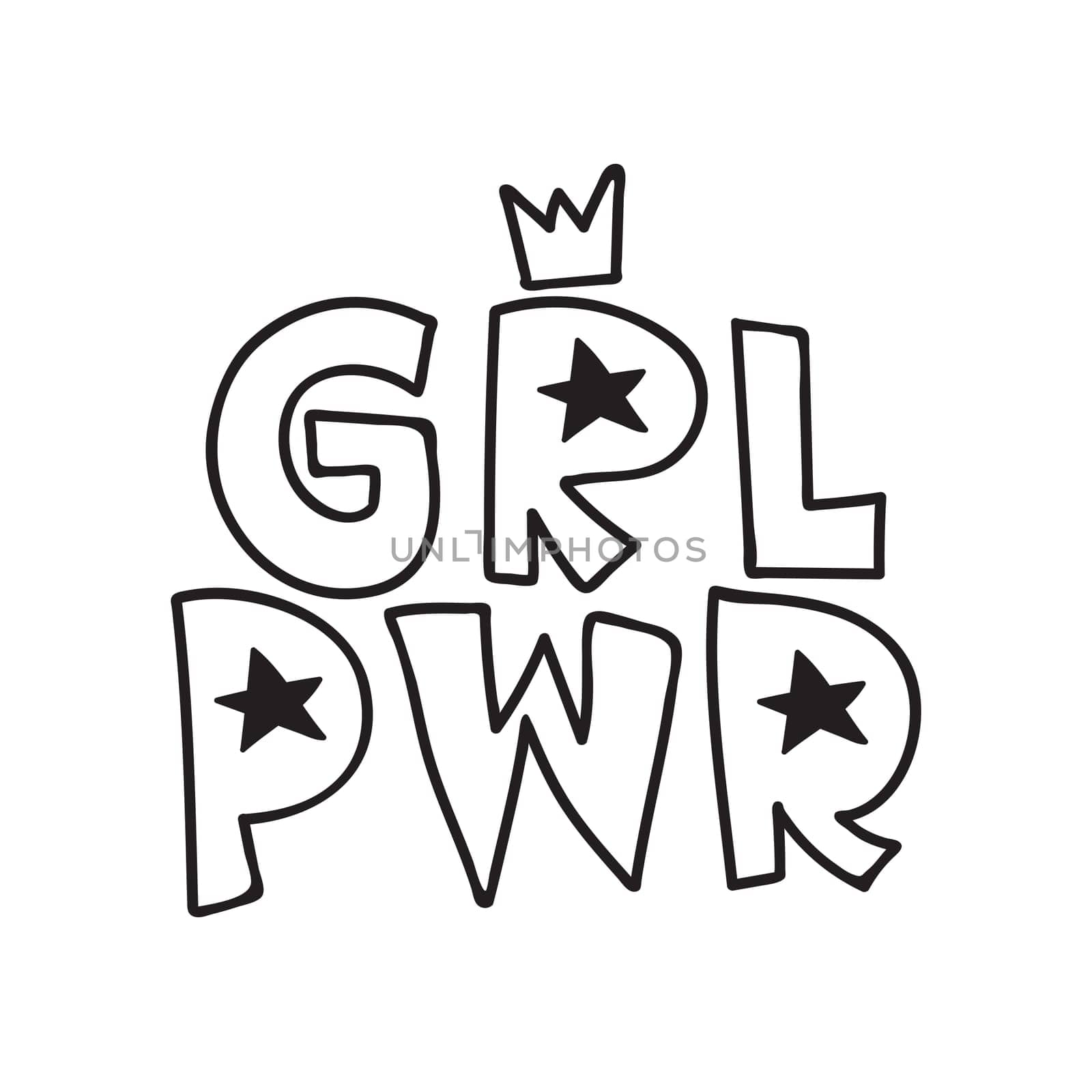GRL PWR short quote. Girl Power cute hand drawing illustration for print, brochure, greeting card, bag, clothing. To stick on laptop, phone, wall. Modern motivational text, feminist tattoo trend