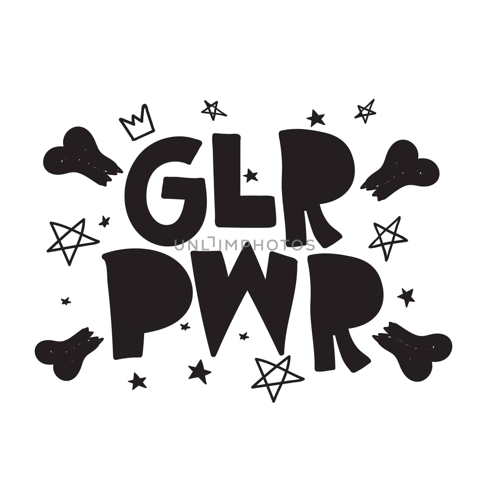 GRL PWR short quote. Girl Power cute hand drawing illustration for print, brochure, greeting card, bag, clothing. To stick on laptop, phone, wall. Modern motivational text, feminist tattoo trend