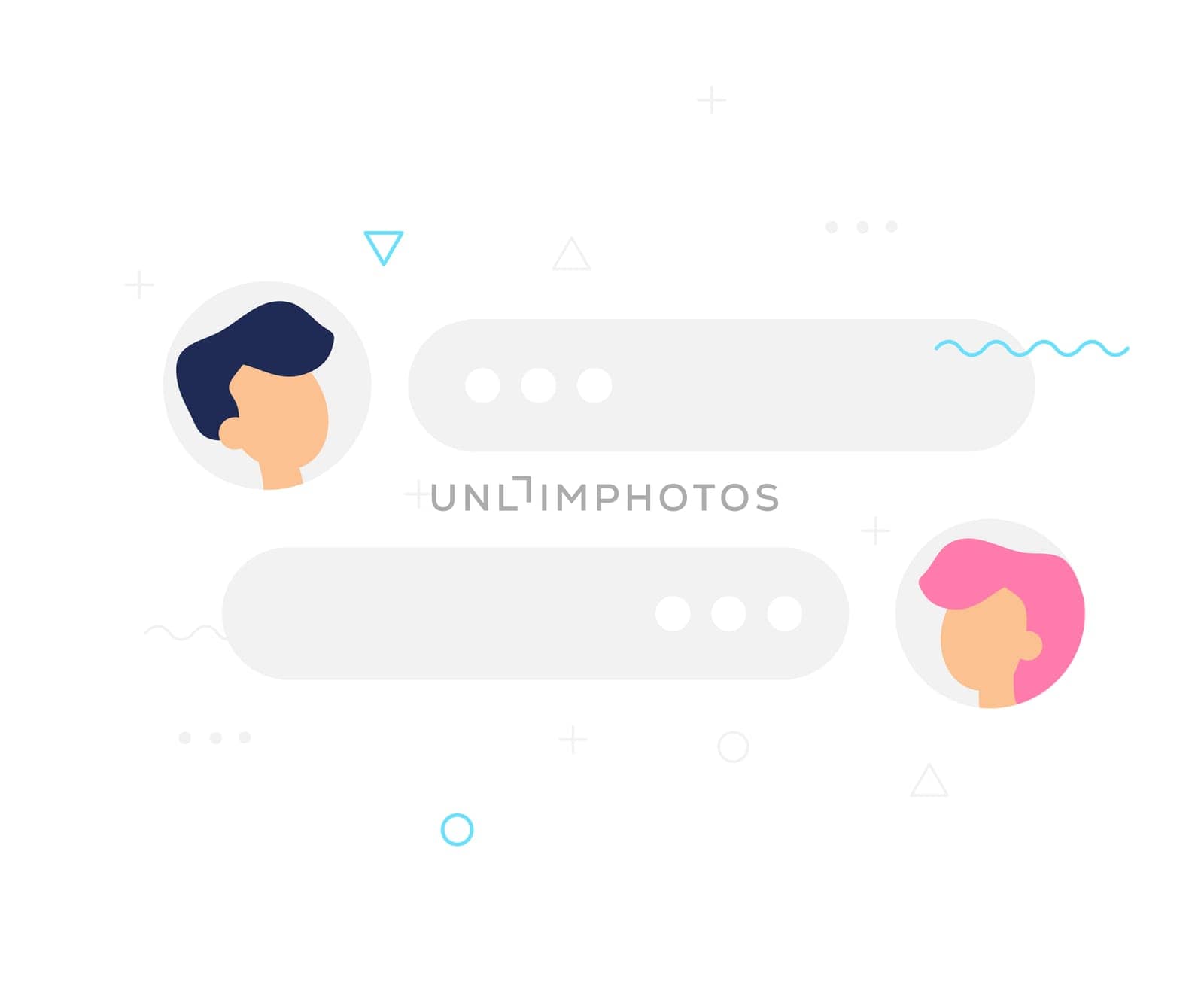 New Chat messages notification on white backdrop. Flat design illustration vector bubbles, geometric elements on screen, person chatting, online support, Internet virtual assistant concept