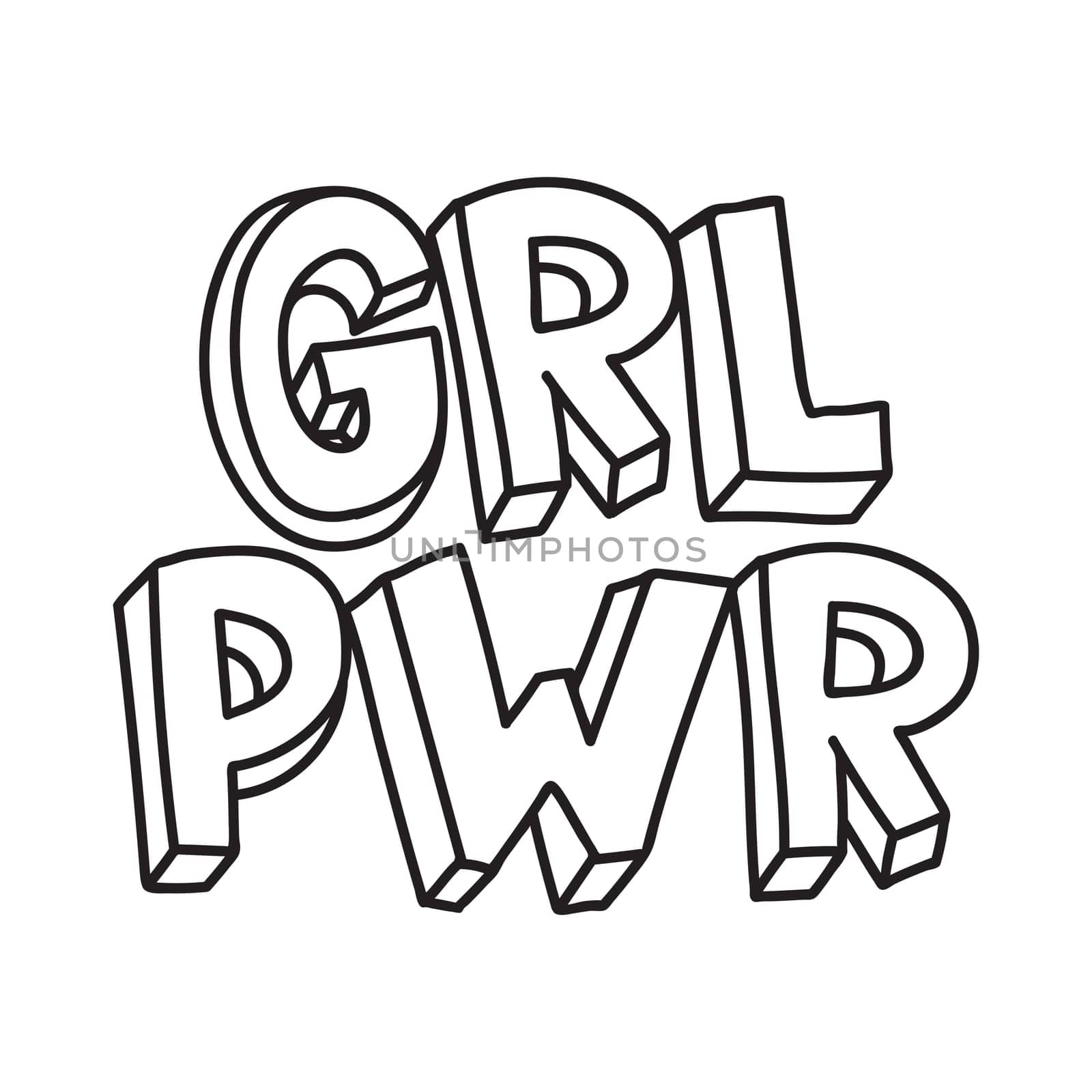 GRL PWR short quote. Girl Power cute hand drawing illustration for print, brochure, greeting card, bag, clothing. To stick on laptop, phone, wall. Modern motivational text, feminist tattoo trend