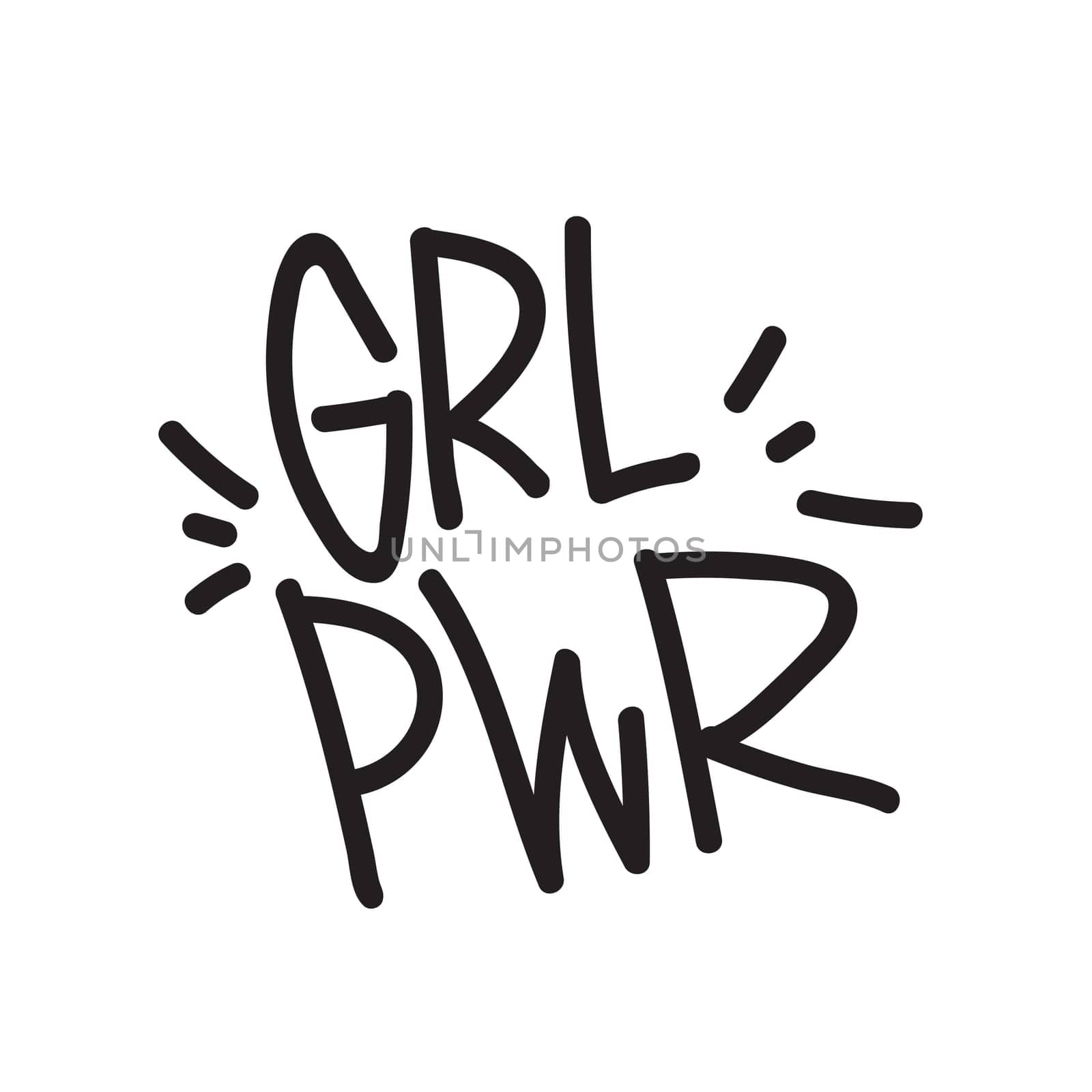 GRL PWR short quote. Girl Power cute hand drawing illustration for print, brochure, greeting card, bag, clothing. To stick on laptop, phone, wall. Modern motivational text, feminist tattoo trend
