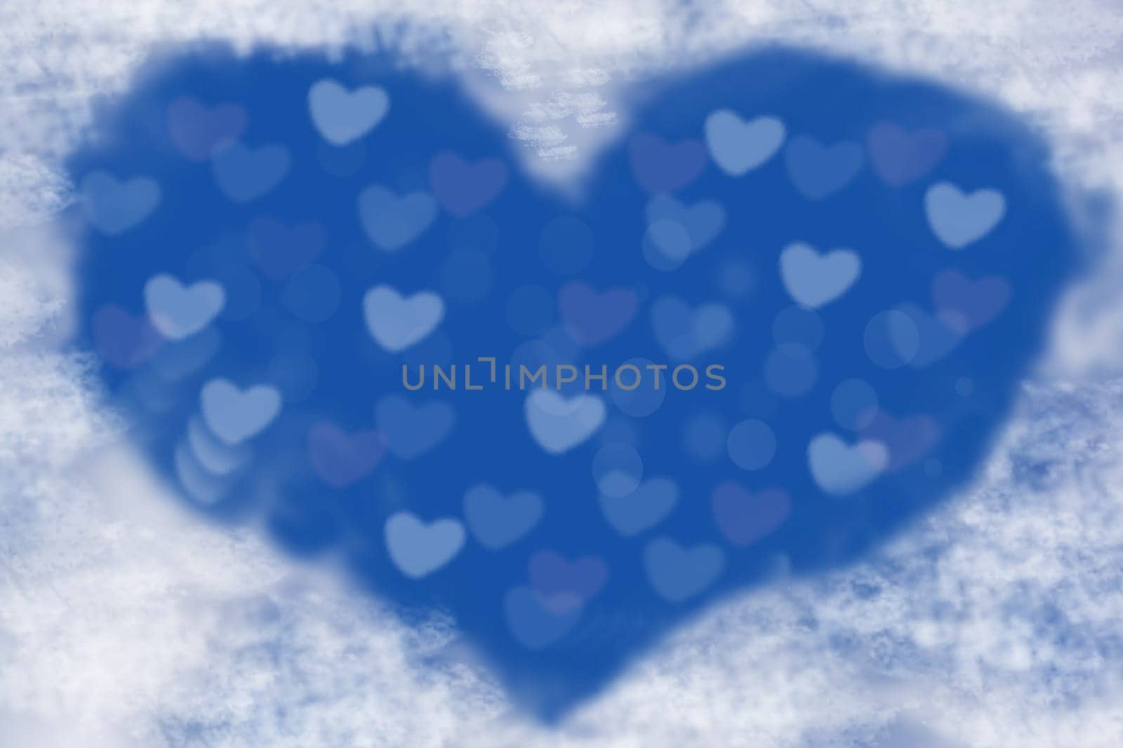 Abstract festive blur bright blue pastel background with light blue hearts inside love bokeh for wedding card or Valentine‘s day.  Romantic textured backdrop with space for your design. Card concept.