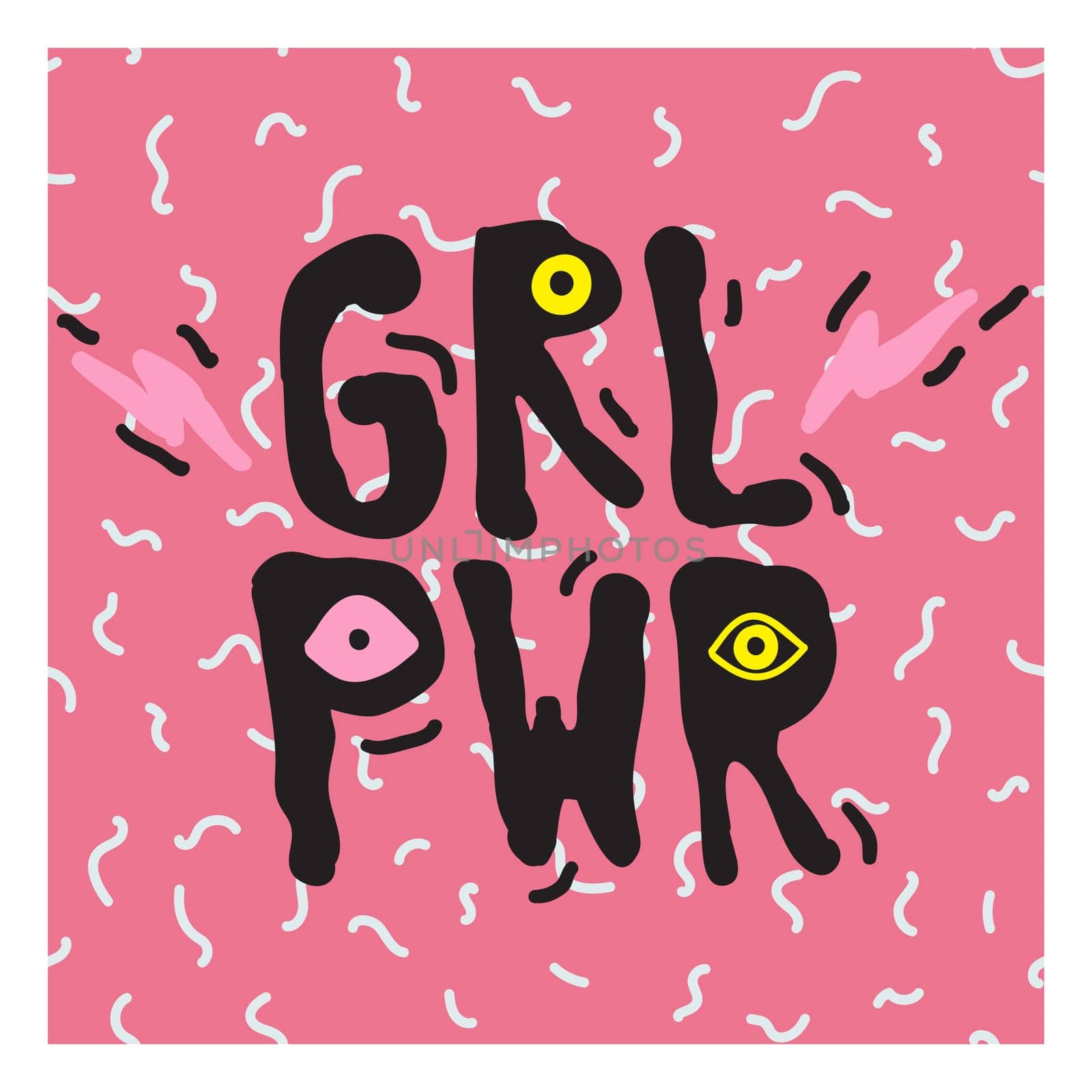 GRL PWR short quote. Girl Power cute hand drawing illustration for print, brochure, greeting card, bag, clothing. To stick on laptop, phone, wall. Modern motivational text, feminist tattoo trend