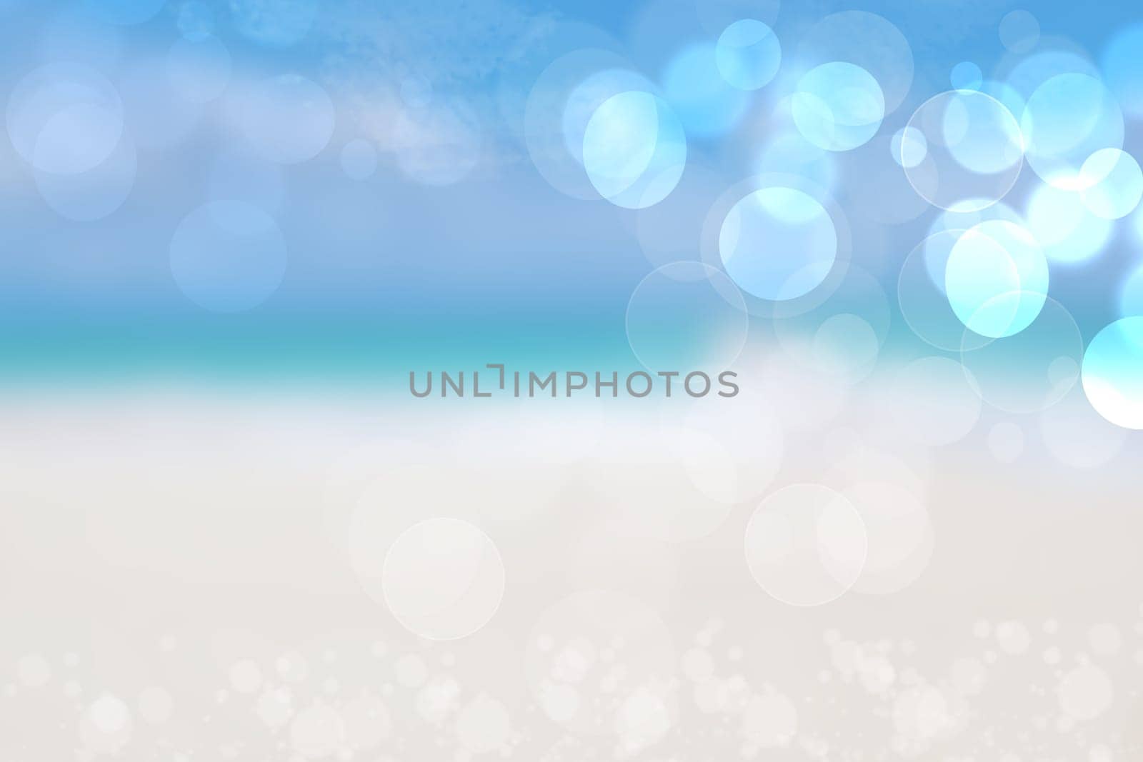 Abstract sea background. Abstract sandy summer beach background with bokeh lights on light blue sky. Beautiful texture. Space.