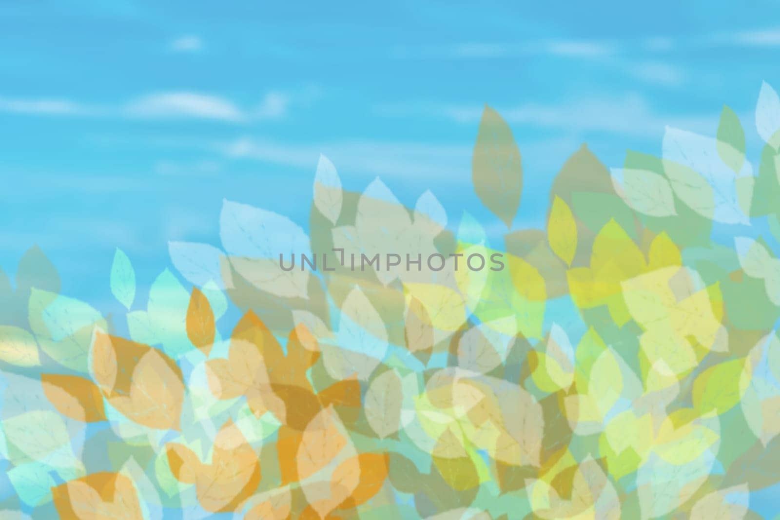 Autumn background. Abstract autumn or bright summer landscape texture with leaves and blue bright sky and clouds. Autumn or summer background with copy space.