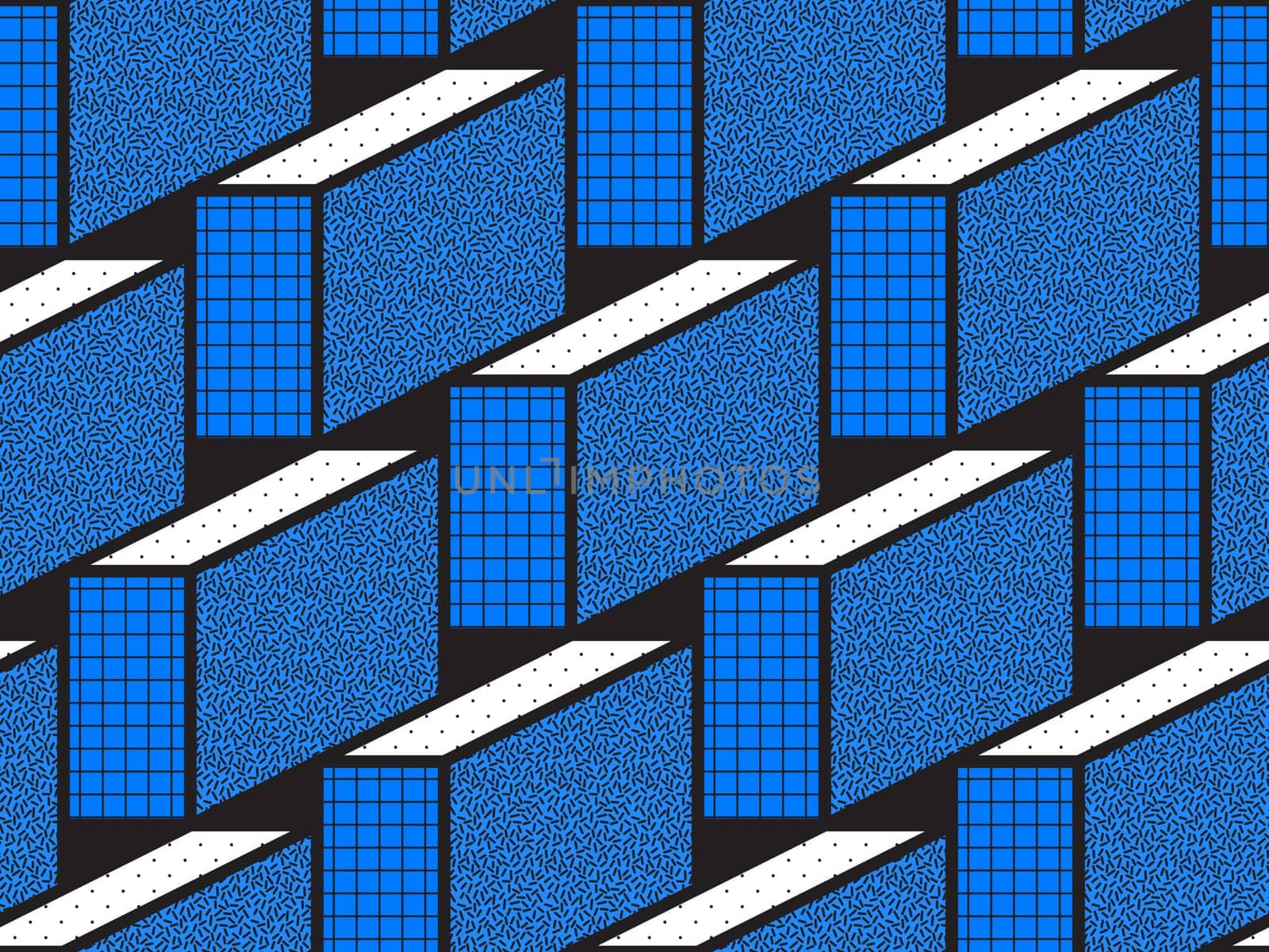 Vector geometric seamless patterns with textured bold mathematical shapes in blue, white, black colors