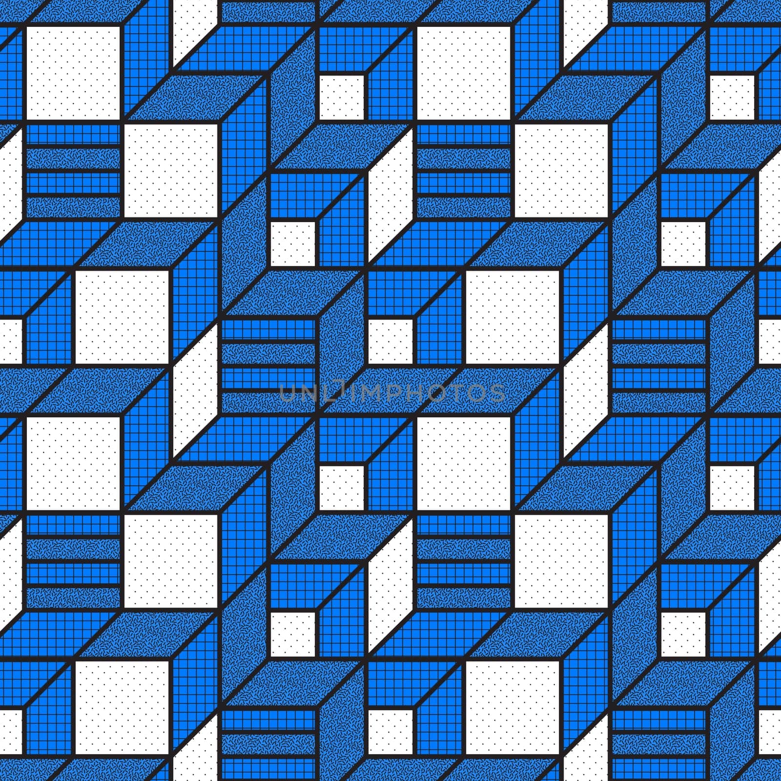 Vector geometric seamless patterns with textured bold mathematical shapes in blue, white, black colors