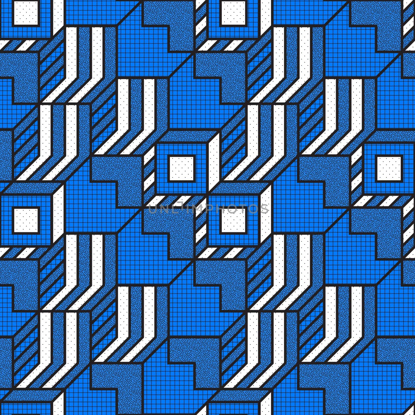 Vector geometric seamless patterns with textured bold mathematical shapes in blue, white, black colors