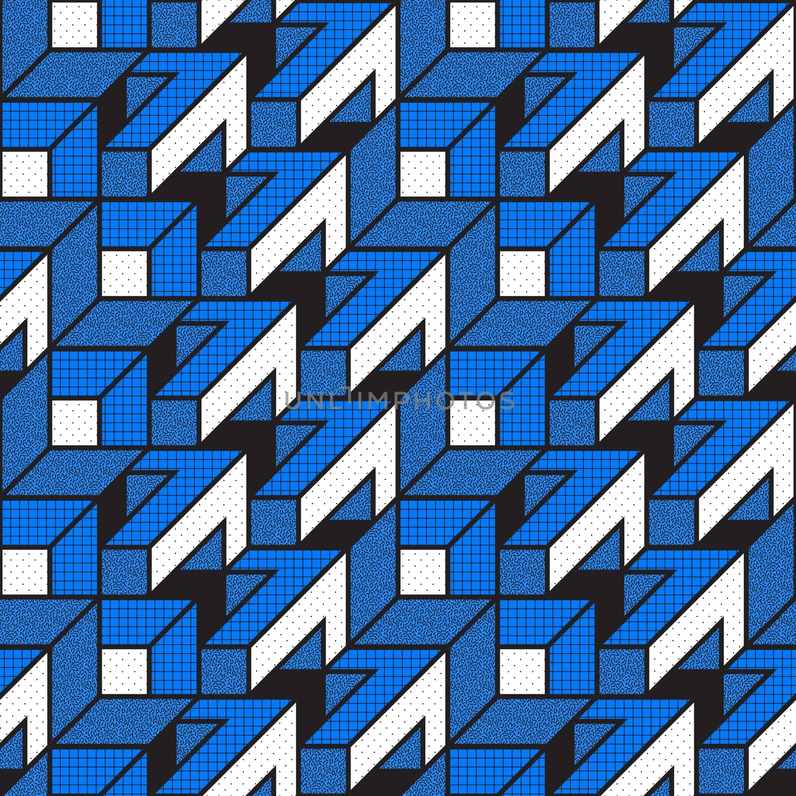 Vector geometric seamless patterns with textured bold mathematical shapes in blue, white, black colors