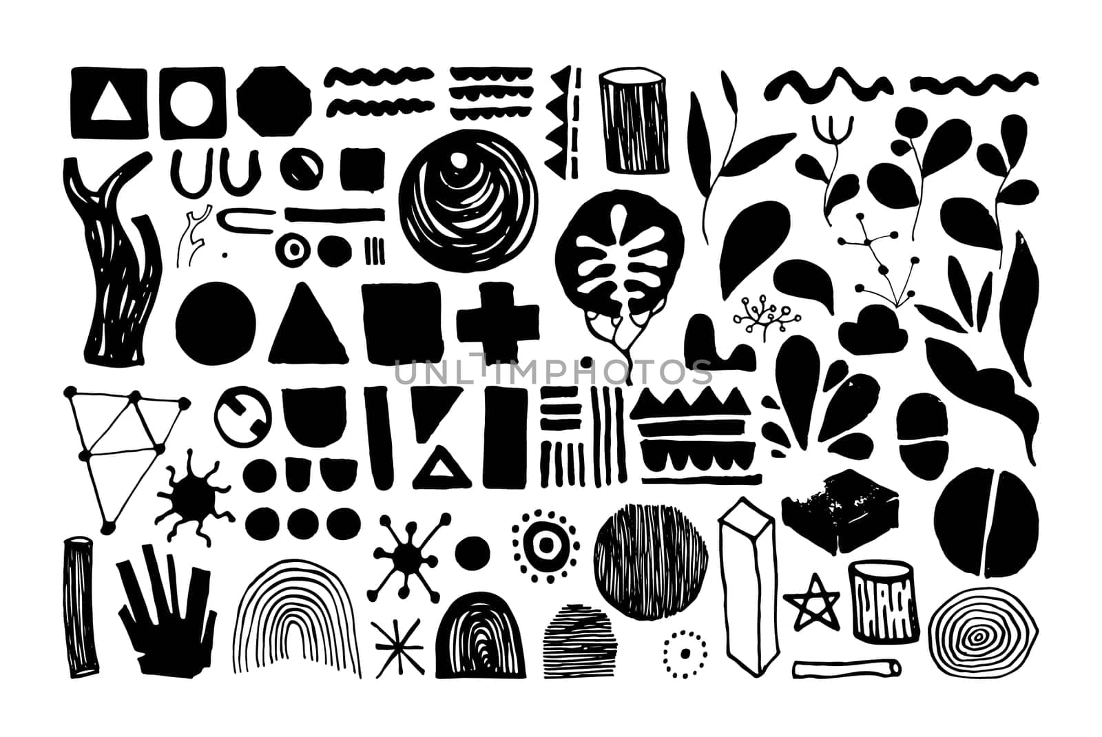 Set of creative universal floral elements. Hand Drawn textures backdrop. Posters, wedding card, eco design, organic products