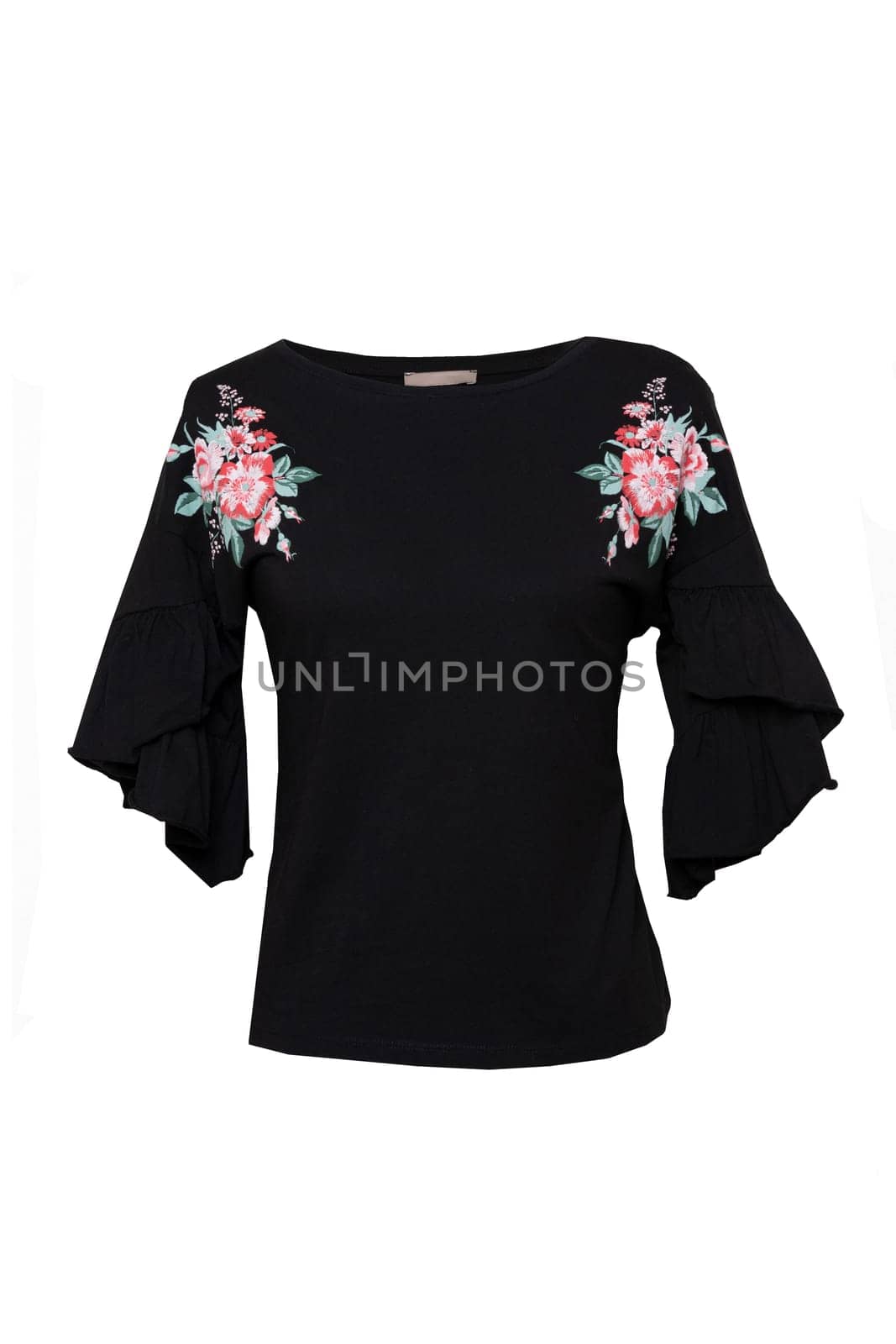 Black womans clothing. A female black summer shirt or blouse with a floral print isolated on a white background. Summer fashion.