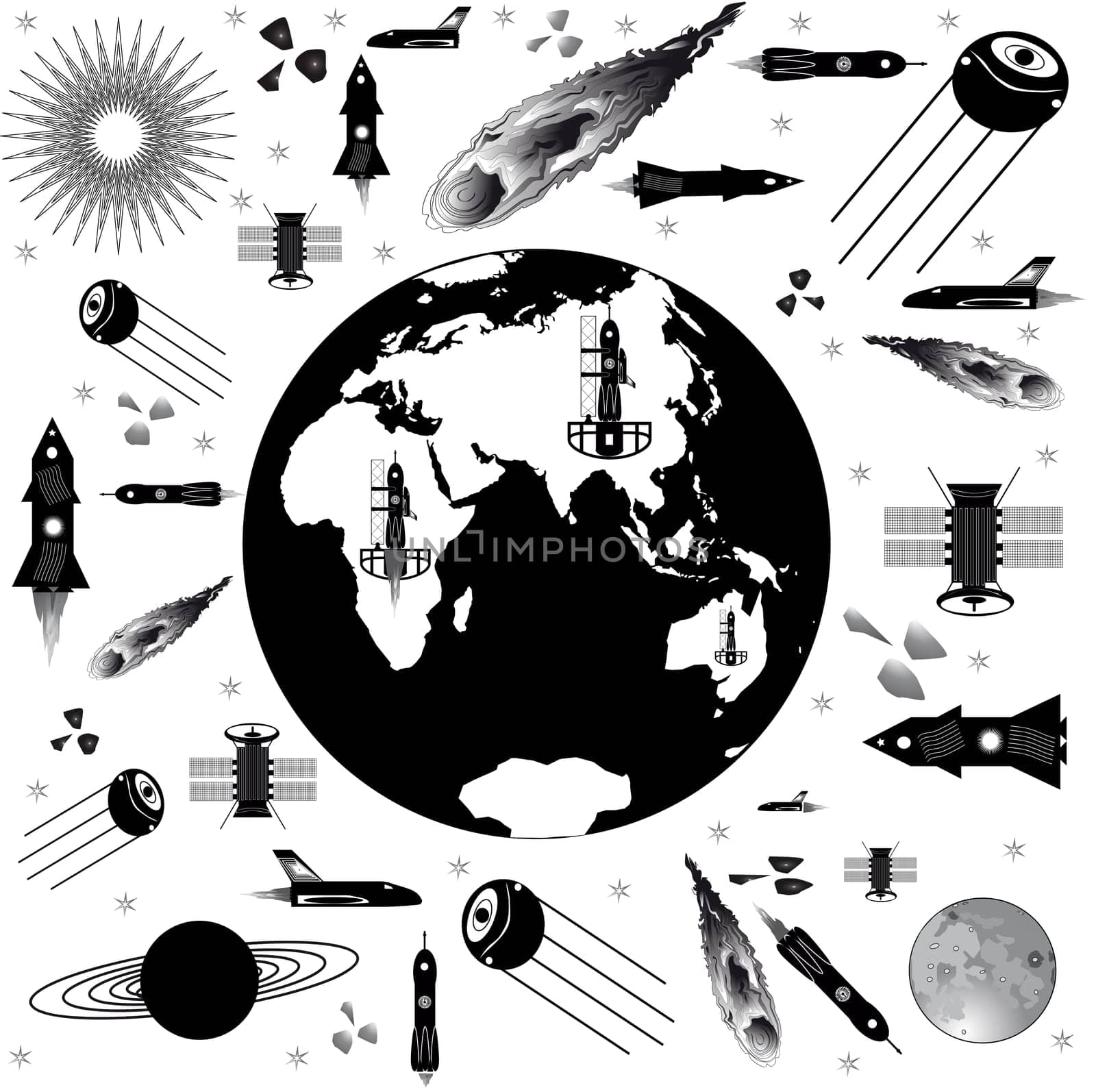 The flight spacecraft in Earth orbit a black and white picture