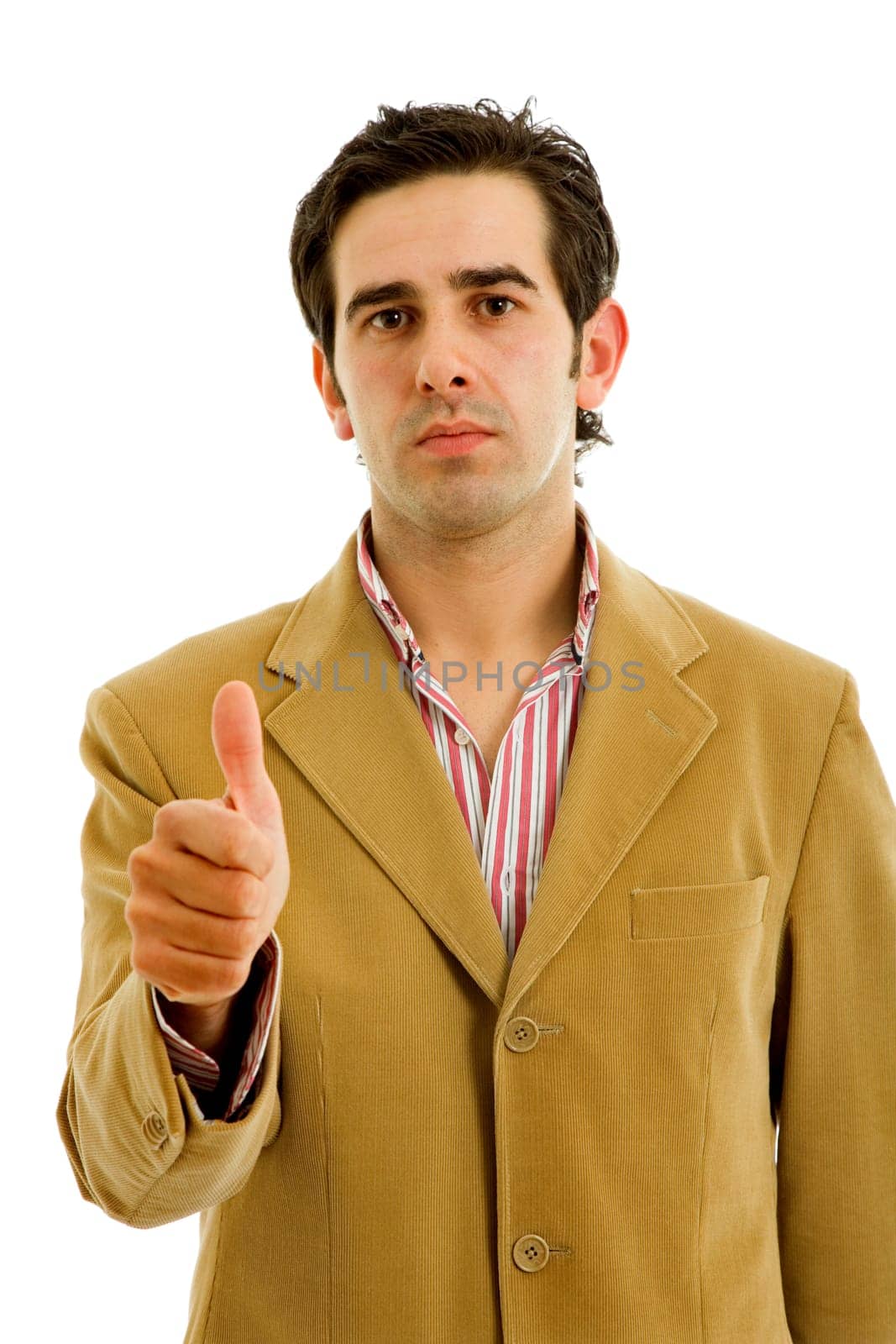 young casual man going thumb up in a white background