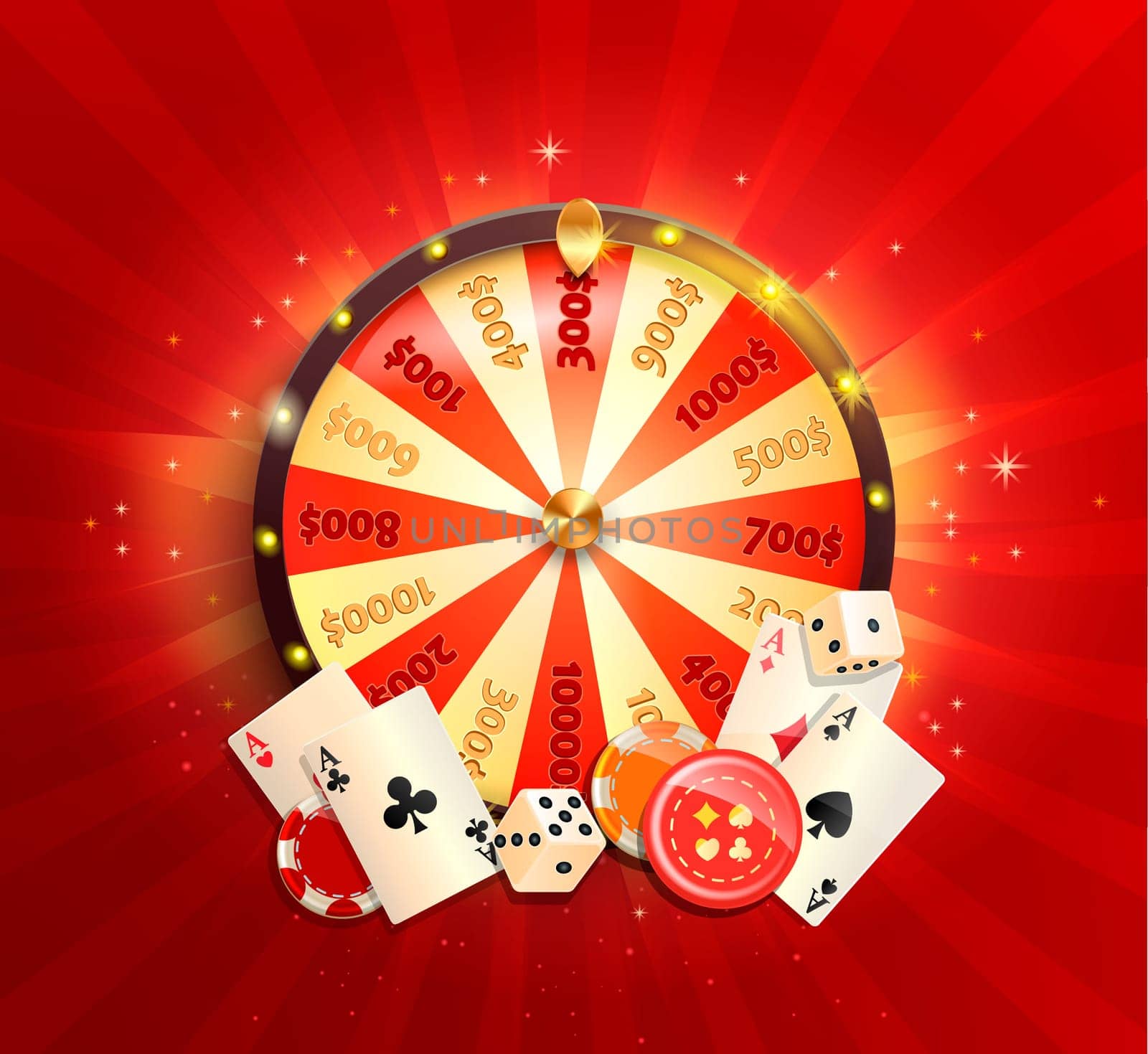 Flyer for casino online with poker cards, playing dice, chips, fortune wheel and other gambling design elements. Banner or poster template on shiny red background. Vector illustration.