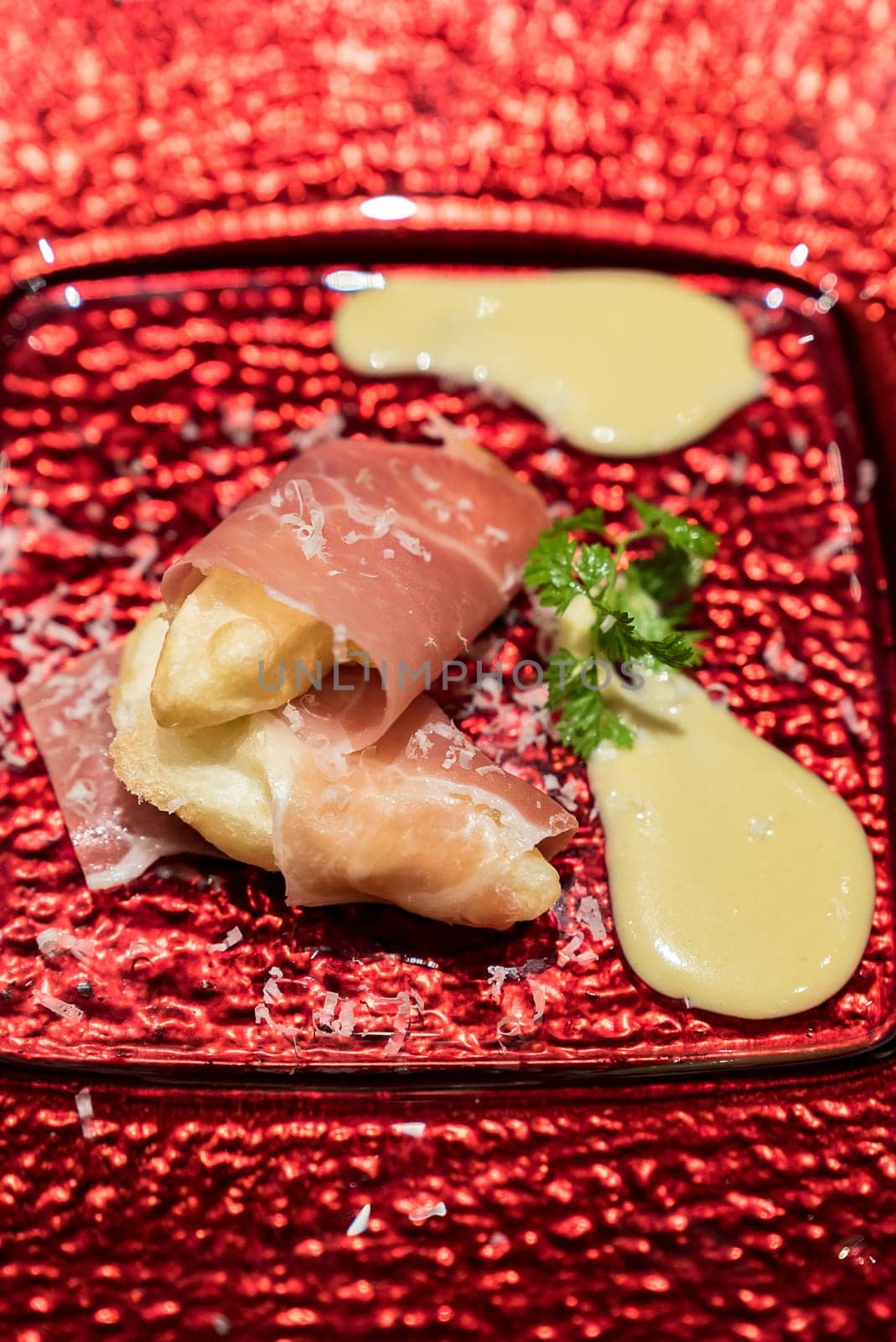 Arranged small ball : Deep fried  European pear tempura with Prosciutto parma ham