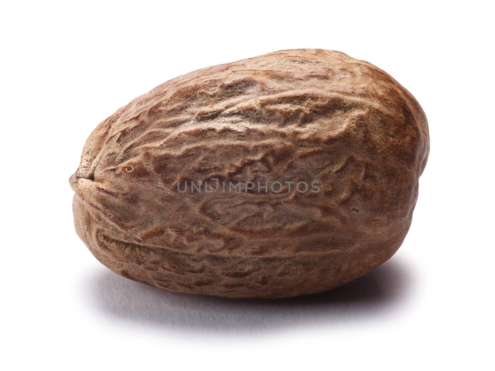 Single nutmeg (seed of Myristica fragrans). Clipping paths, shadow separated