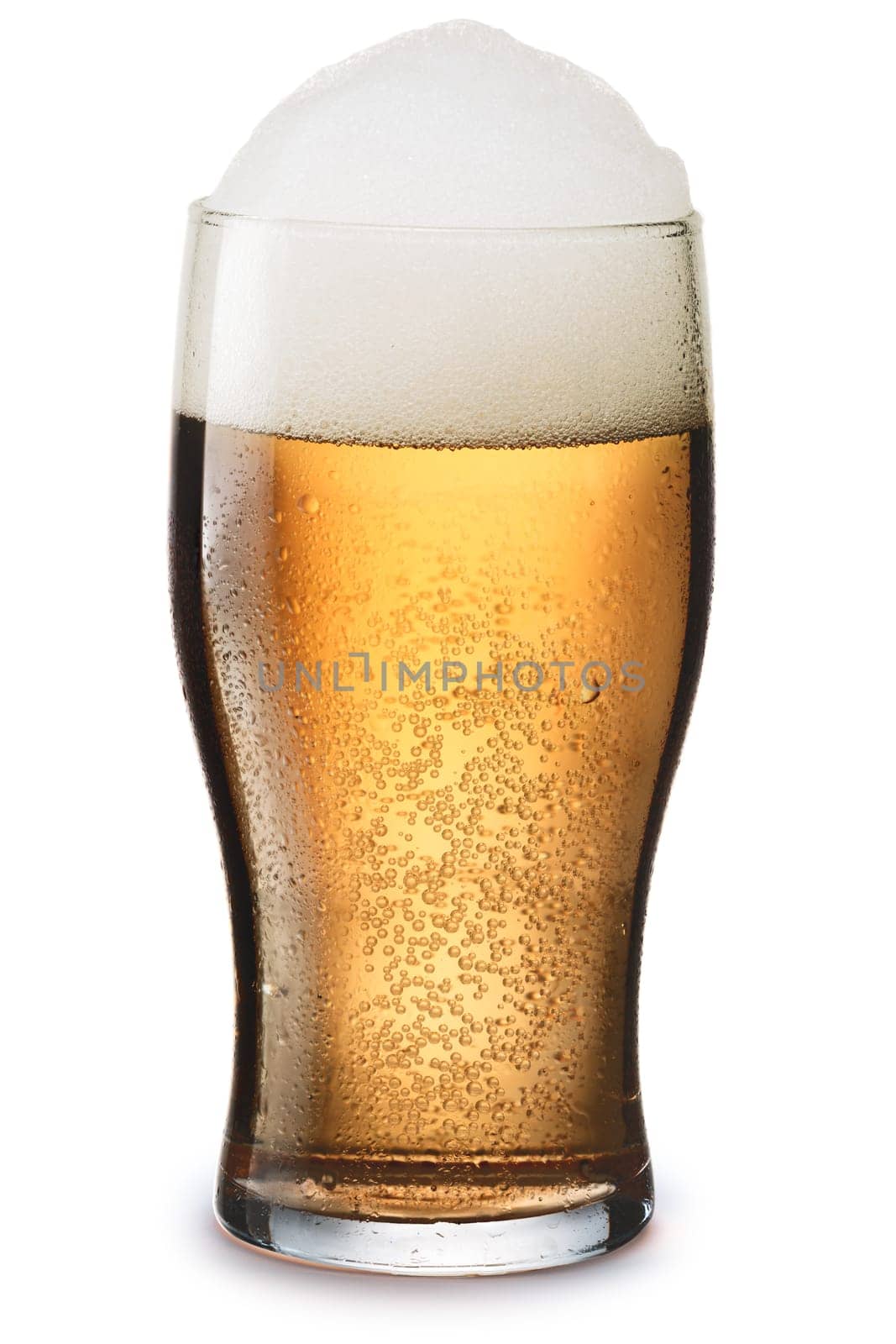 Moist glass of cold, frothy light beer with foam. Separate clipping paths for both glass and shadow, infinite depth of field
