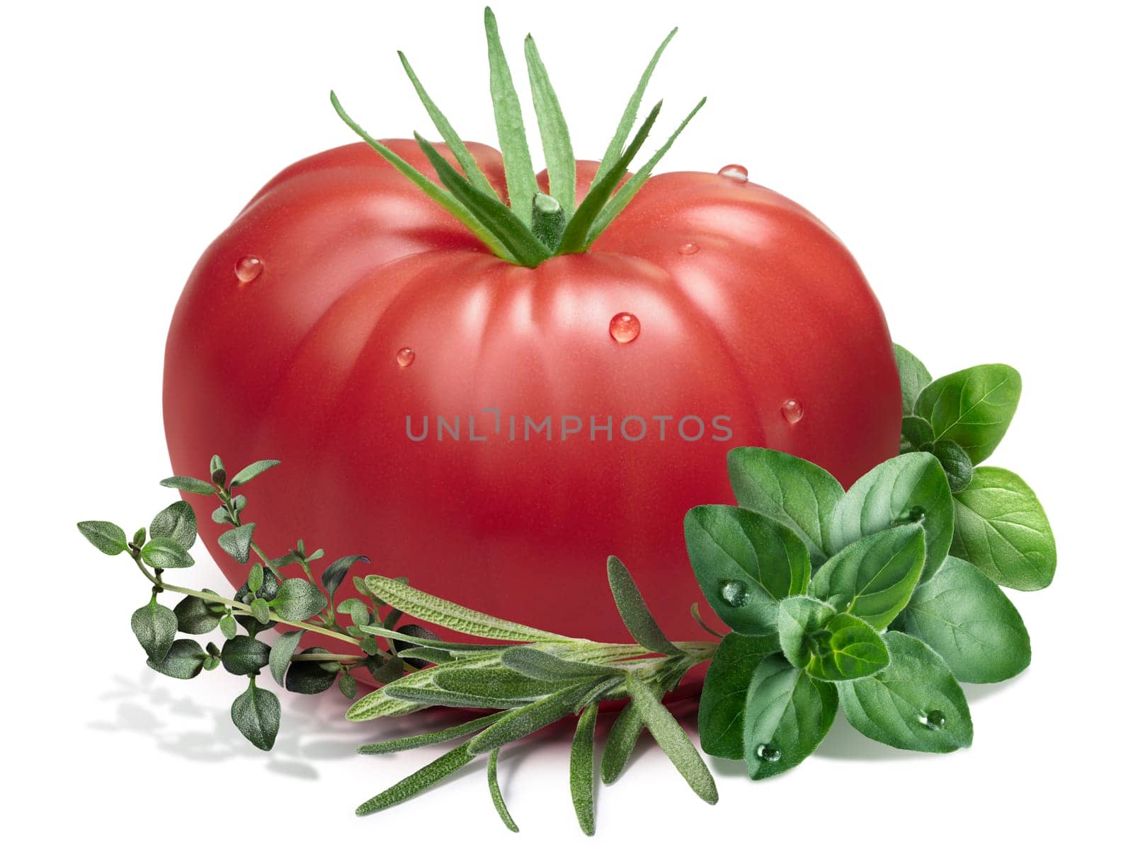 Heirloom tomato, thyme,rosemary,oregano. Ingredients for sauce. Clipping paths, shadow separated