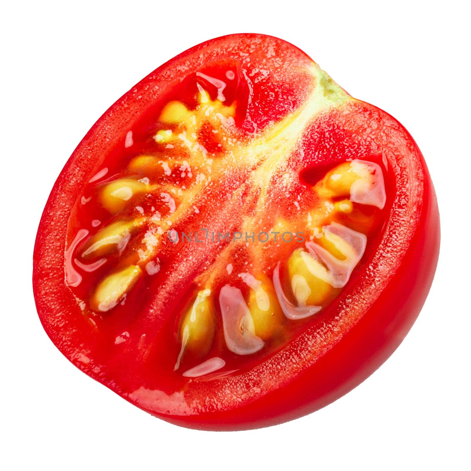 Tiny cherry tomato half (Solanum lycopersicum var. cerasiforme). Clipping path, shadowless