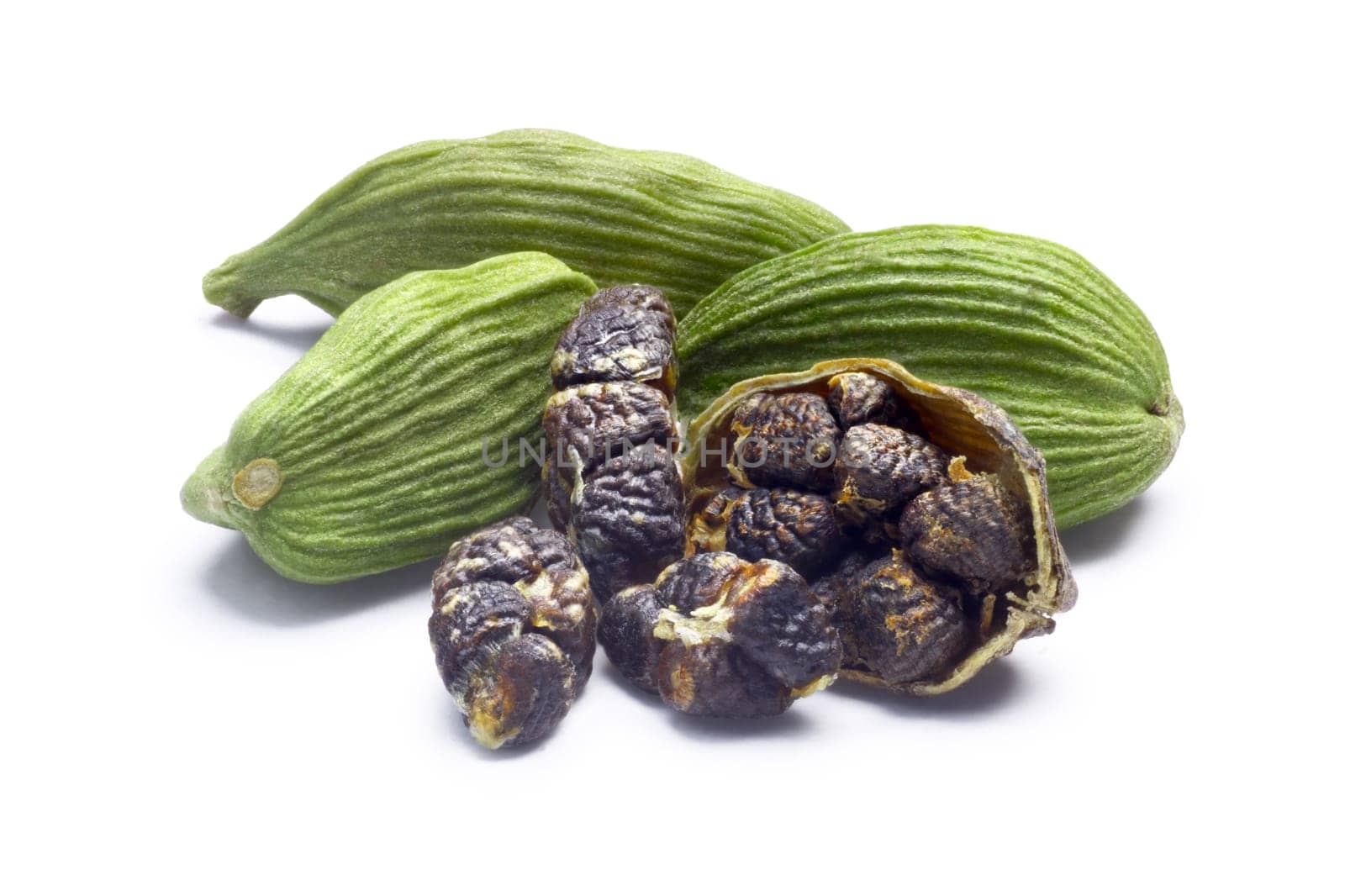 Whole green Cardamom, cardamon or cardamum (dried fruits of Elettaria cardamomum) with halved pod and seeds. Clipping paths, shadow separated