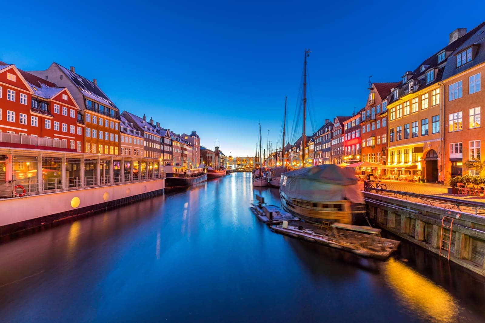 Copenhagen Nyhavn, New port of Copenhagen, at night in Denmark