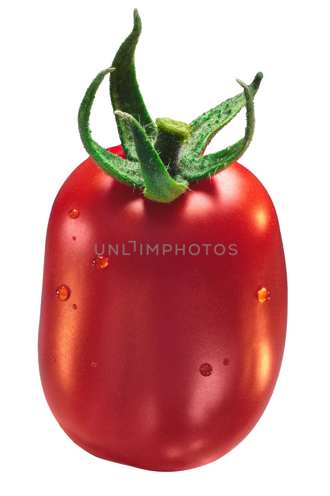 Fresh plum processing Roma VF tomato (Solanum lycopersicum), with sepal, upright. Clipping path, shadowless