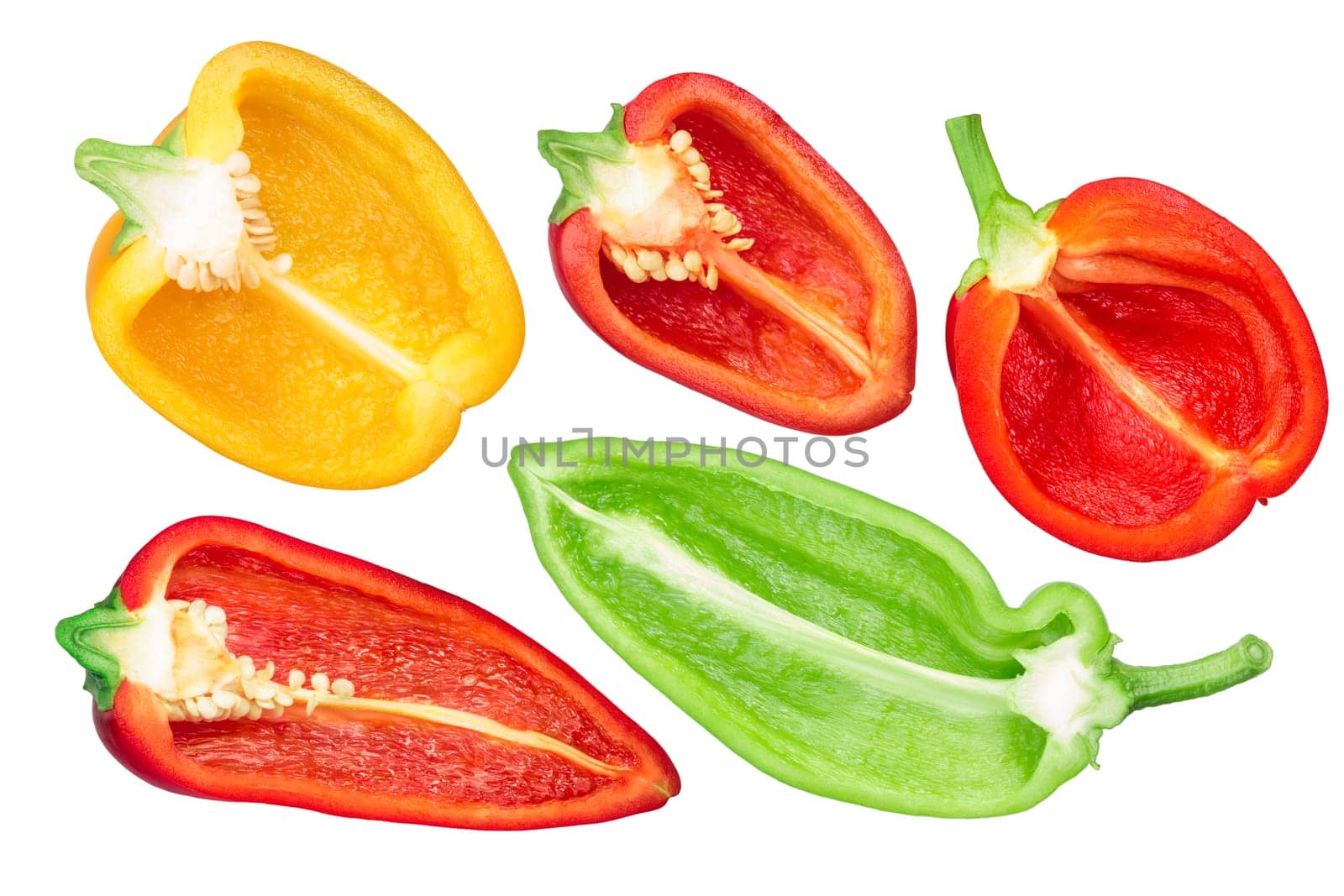 Sweet bell pepper halves (Capsicum annuum), top view. Cultivars: California Wonder, Patrizia, Gogosari, Conical