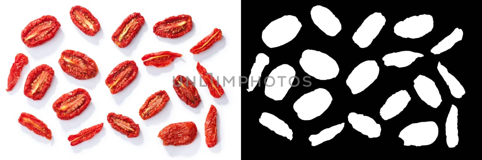 Dried or sundried San Marzano and Roma tomato halves, top view