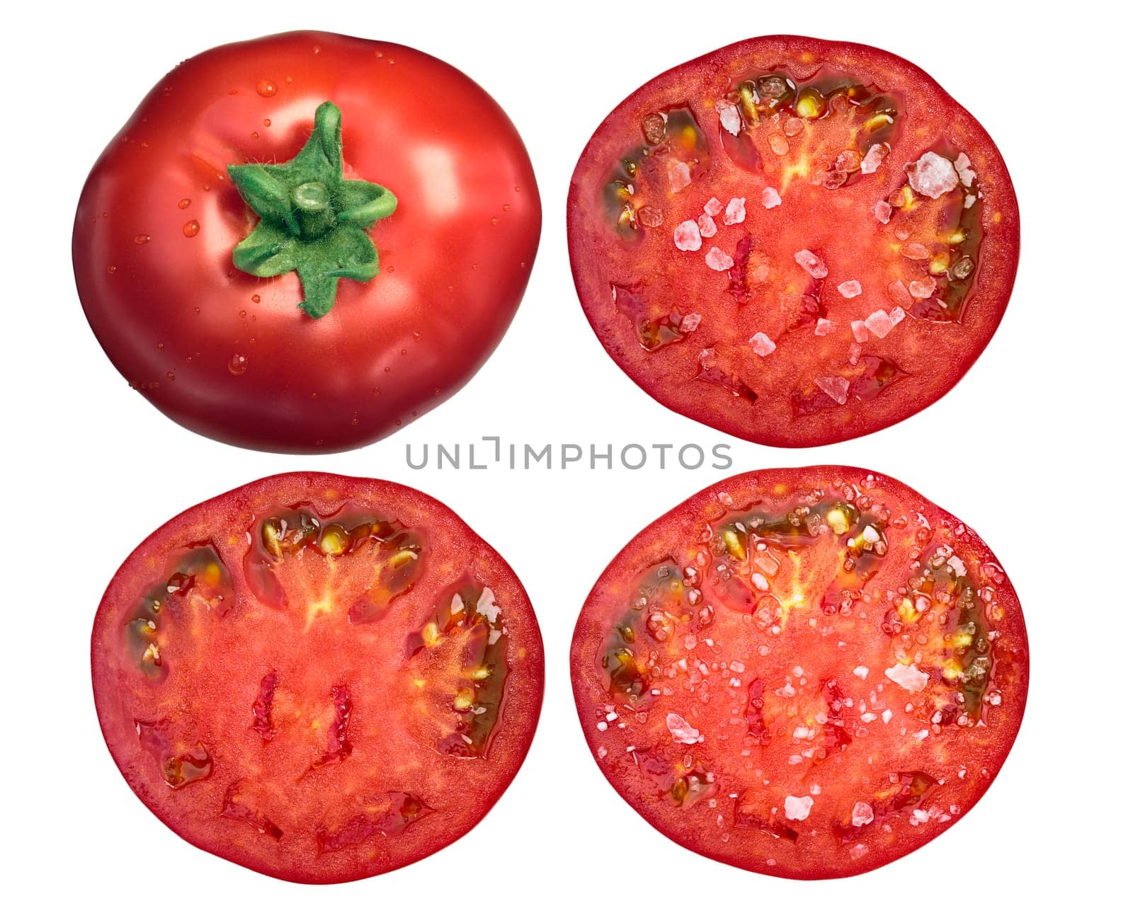 Marglobe tomatoes, whole, plain and salted slices, top view, clipping paths
